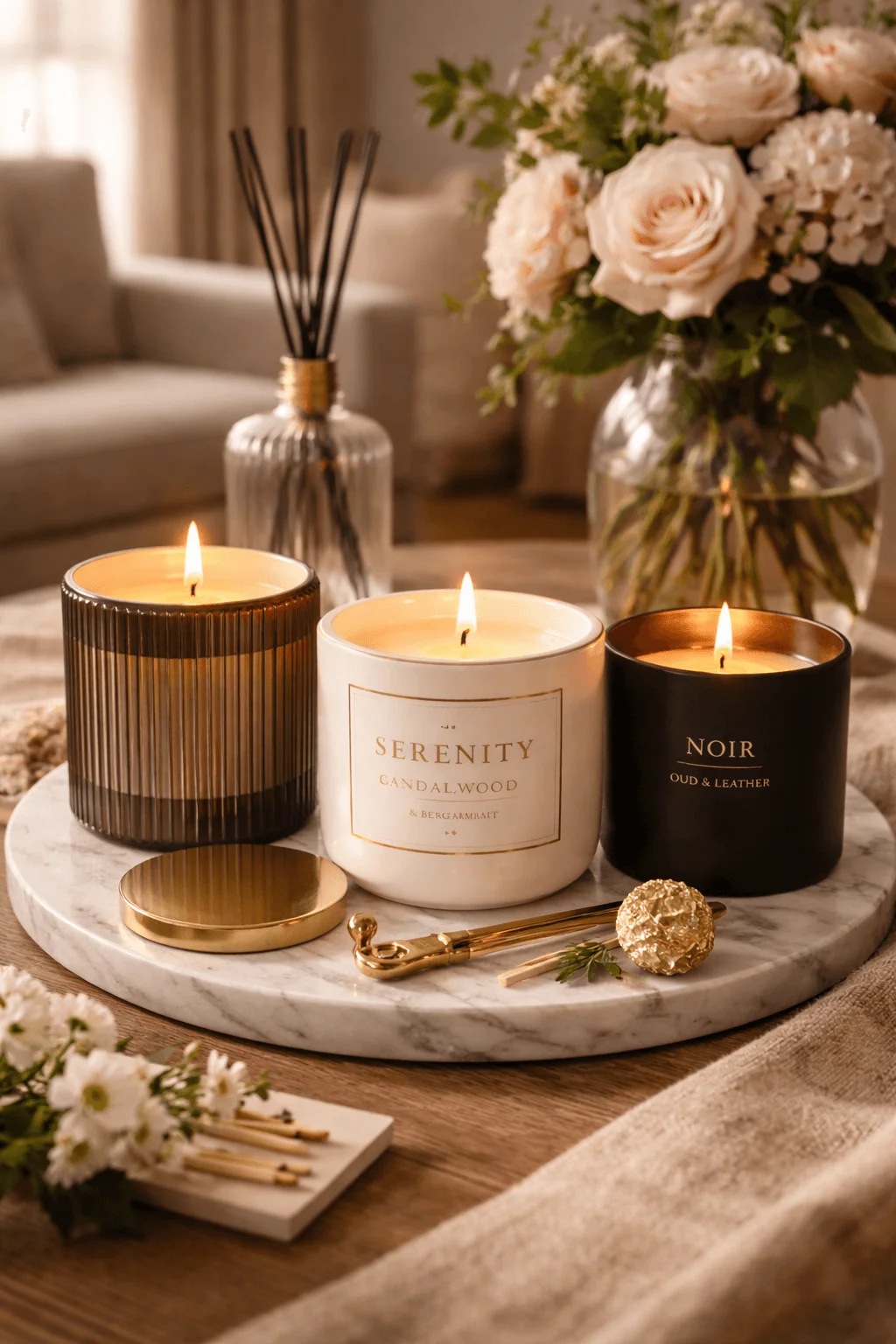 Luxury scented candles in elegant jars on a marble tray with a reed diffuser, gold accessories, flowers, and soft ambient lighting in a cozy living room setting