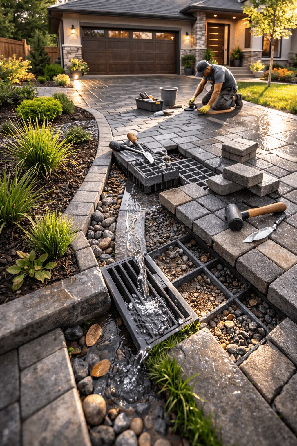 Homeowner maintaining a sustainable permeable paver driveway, lifting modular grid sections to clean debris from an integrated drainage channel and gravel base, with water flowing into a grated drain, surrounded by landscaped garden beds in front of a modern suburban house at dusk