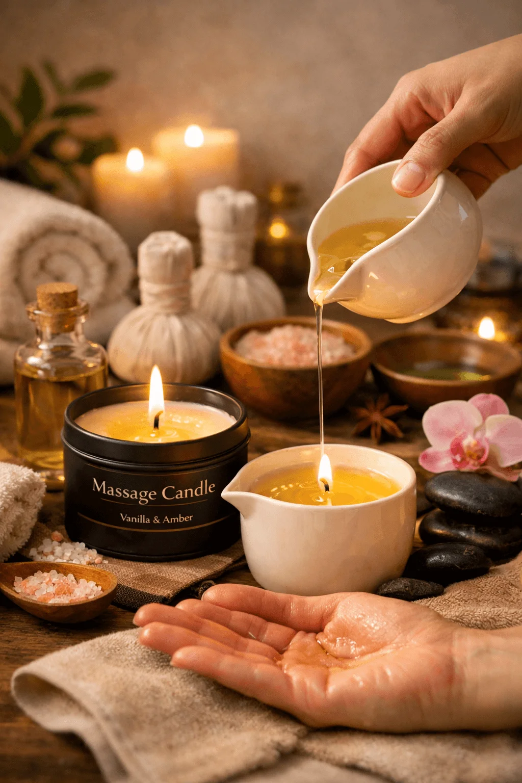 Close up of a massage candle being poured into a hand in a relaxing spa setting with candles, essential oils, towels, bath salts, and massage stones
