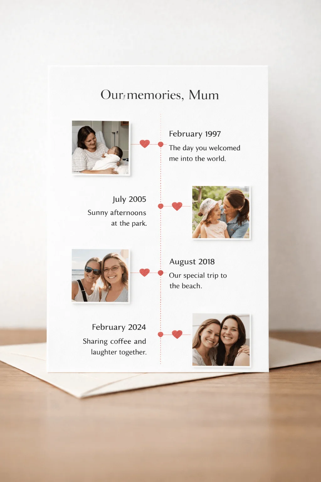 Memory timeline Valentine card for mum with photos from childhood to adulthood dates captions hearts and a clean white design on a table