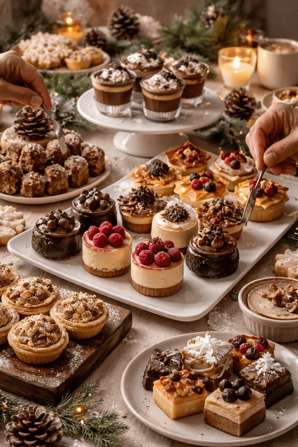 Mini dessert tasting spread with assorted cakes tarts cupcakes berries and festive candles on a decorated table