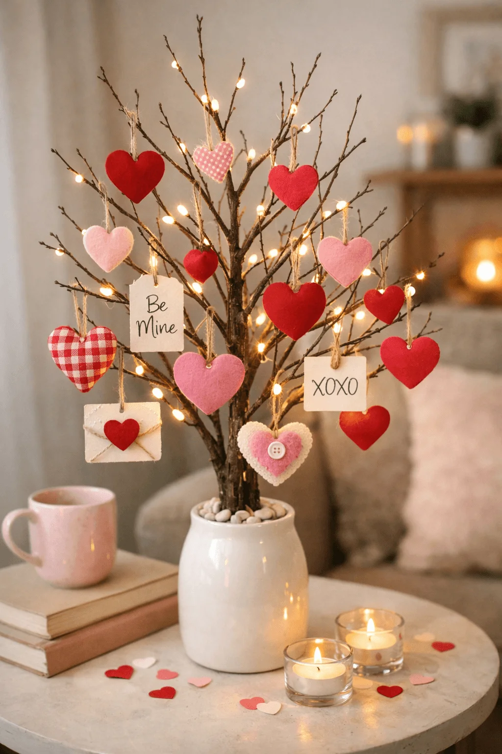 Mini Valentine tree decorated with hanging felt hearts love notes tags and warm fairy lights on a cozy table with candles and books