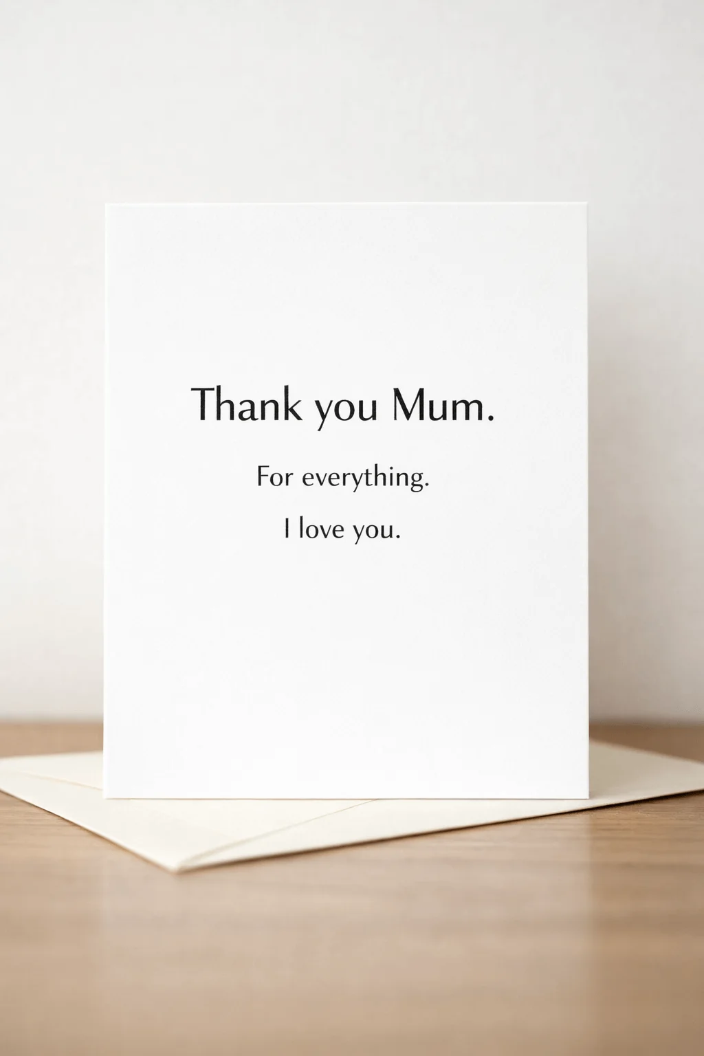 Minimal white thank you mum Valentine card with simple black text standing on a table with envelope behind