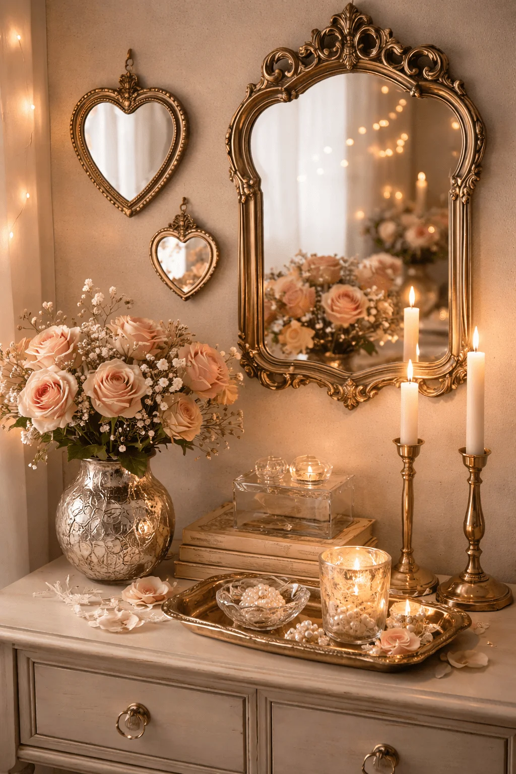 Mirrored and reflective Valentine decor with vintage gold framed mirrors heart shaped wall mirrors blush roses in a vase glowing candles and pearl accents on a dresser