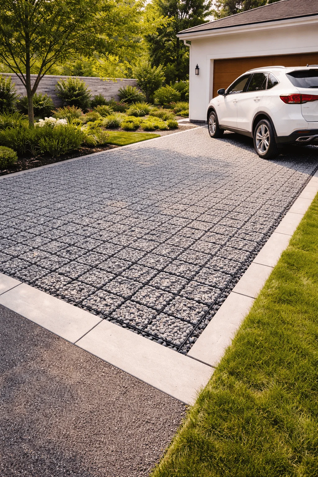Residential driveway constructed with modular recycled plastic grid pavers filled with gravel, creating a permeable surface bordered by smooth concrete edging and landscaped garden beds beside a parked SUV
