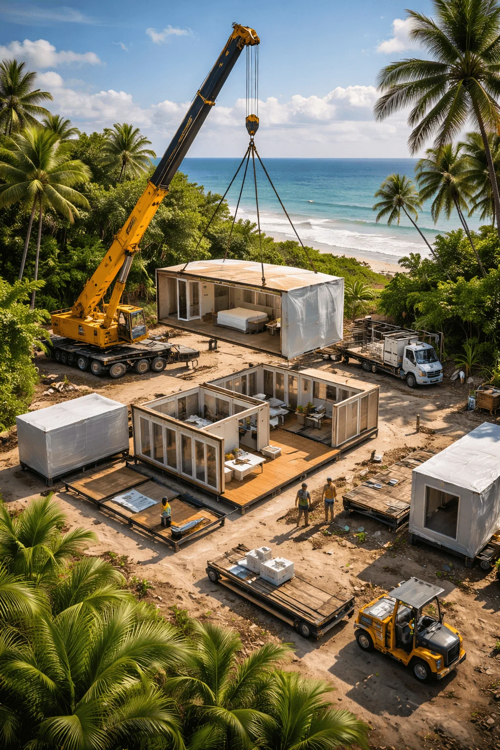 Crane lifting prefabricated modular home units into place at a tropical beachfront construction site surrounded by palm trees and ocean views.