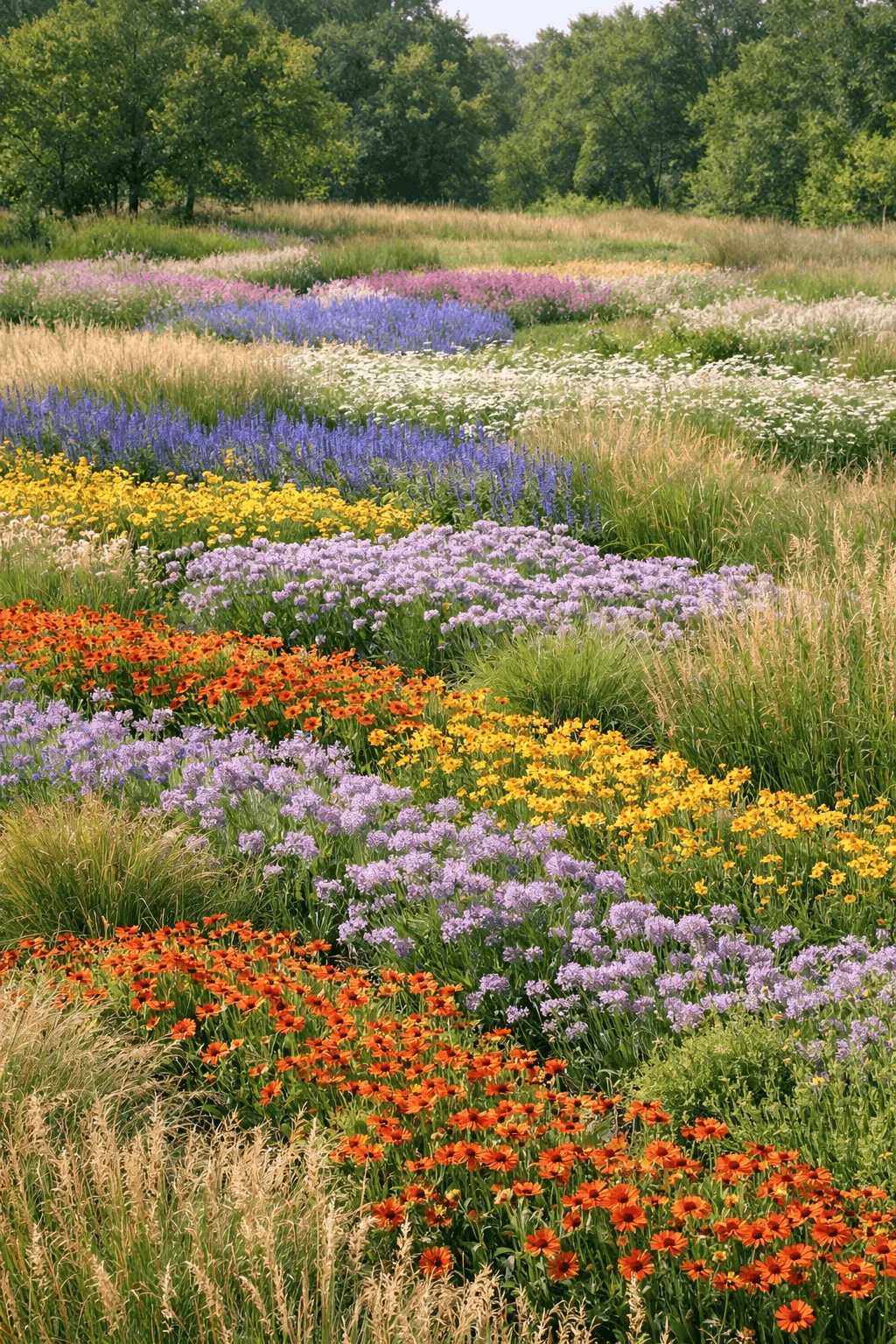 Designed meadow with sweeping bands of colorful native wildflowers and ornamental grasses creating a mosaic pattern across an open landscape bordered by trees