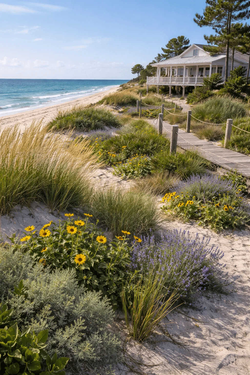 Native dune landscaping with coastal grasses and wildflowers surrounding a beach house, featuring a wooden boardwalk leading through restored sand dunes along the shoreline.