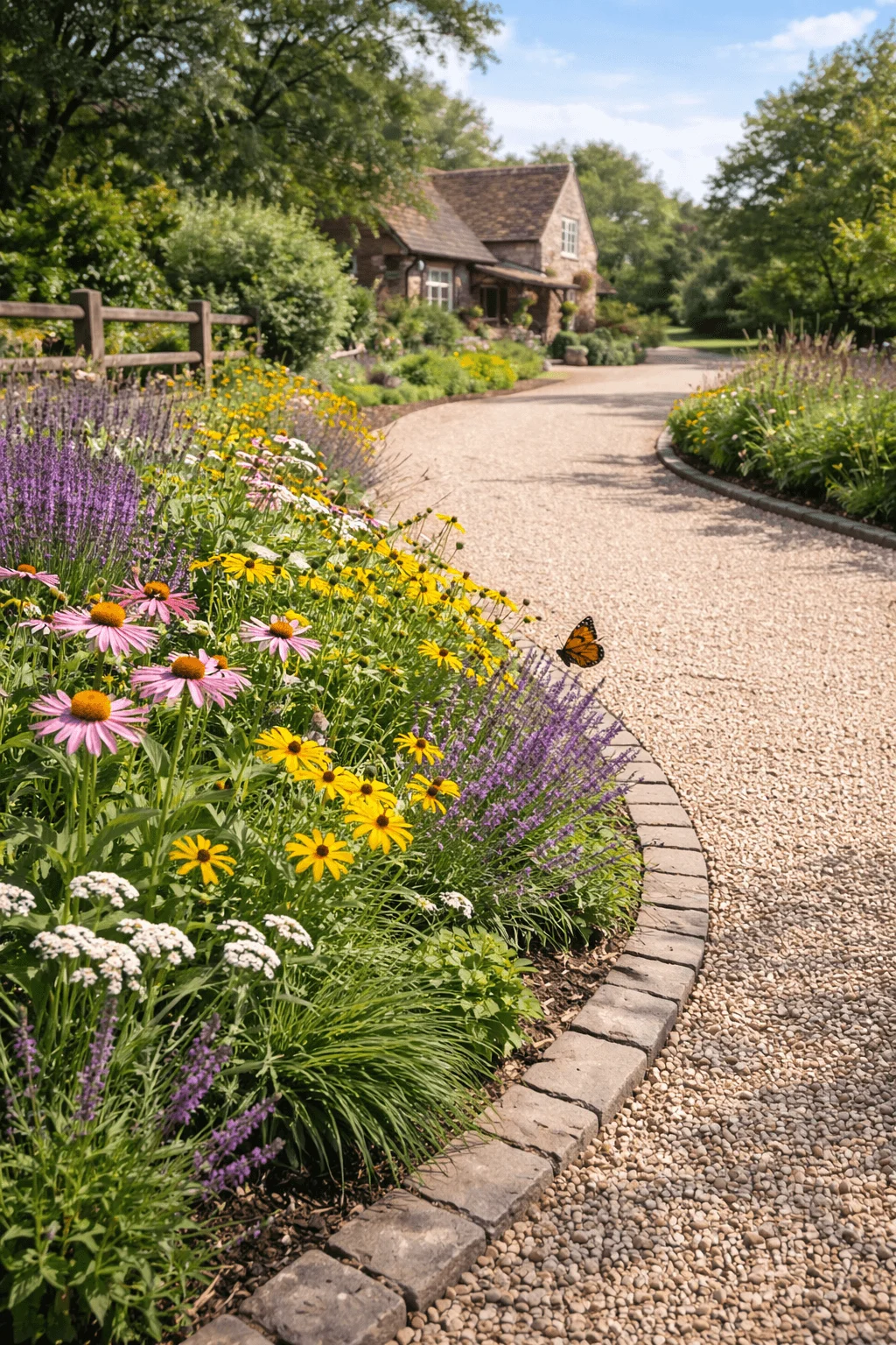 Gravel driveway bordered by native flowering plants and pollinator strip with colorful coneflowers black eyed susans and lavender leading to a rustic cottage surrounded by lush greenery and trees