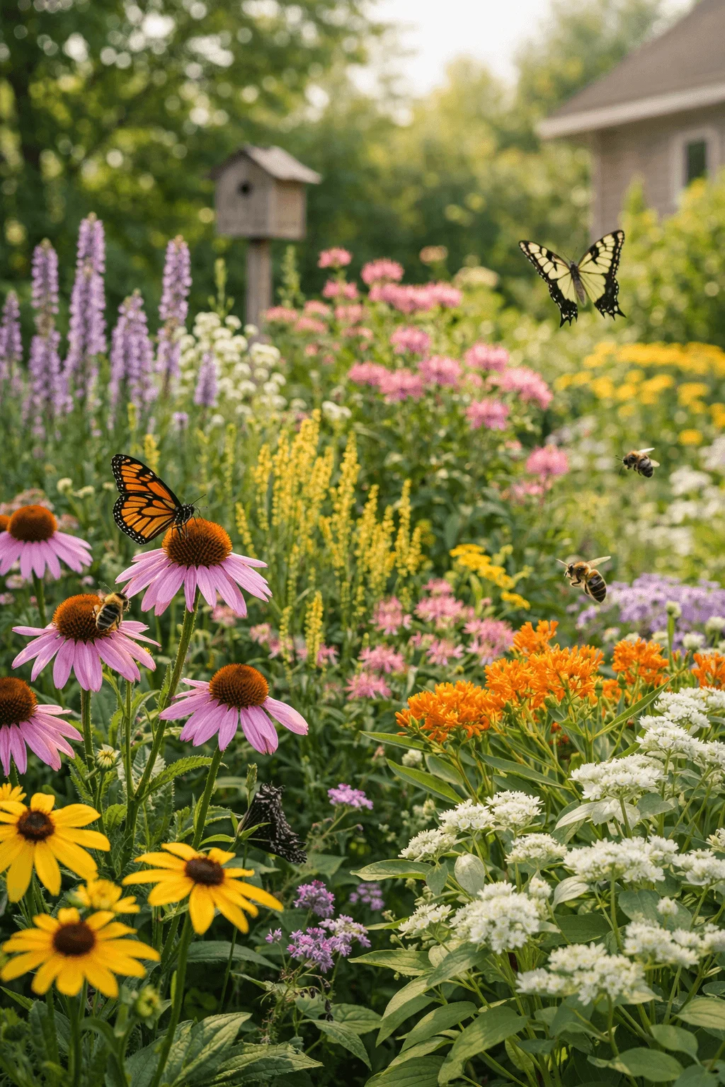 Colorful native flower garden with blooming coneflowers black eyed Susans and milkweed attracting butterflies and bees with a birdhouse and house in the background