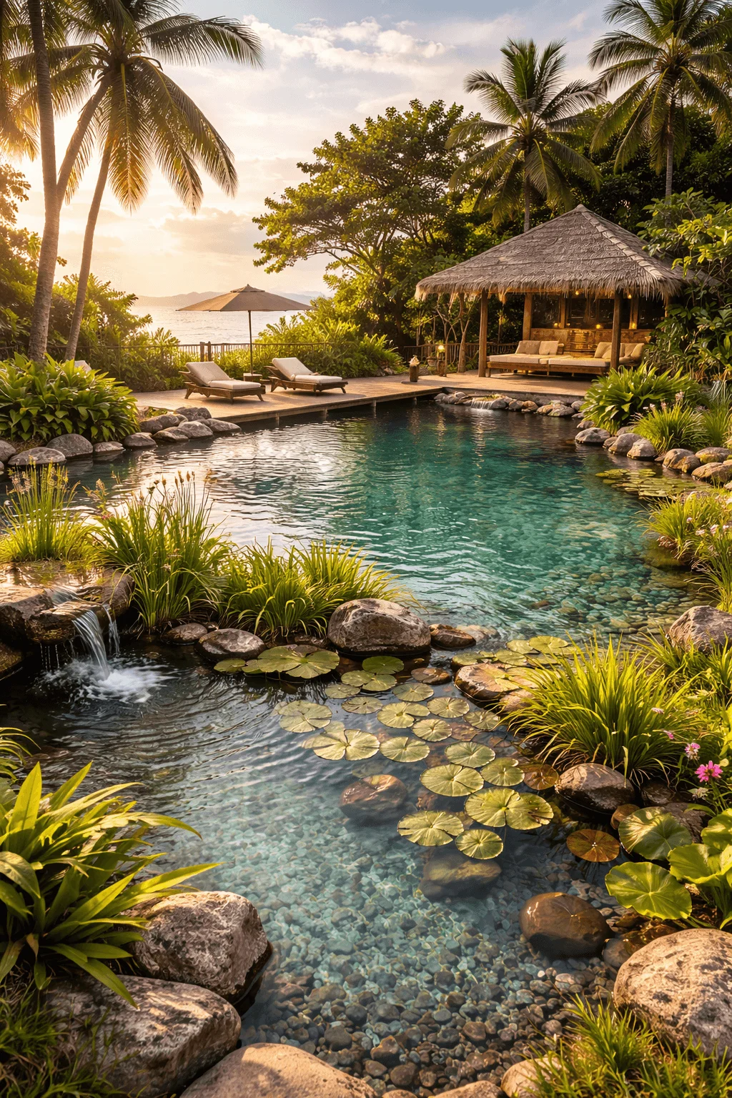 Natural swimming pool with clear water, aquatic plants, and stone edging beside a tropical beach house, surrounded by palm trees and ocean views at sunset.