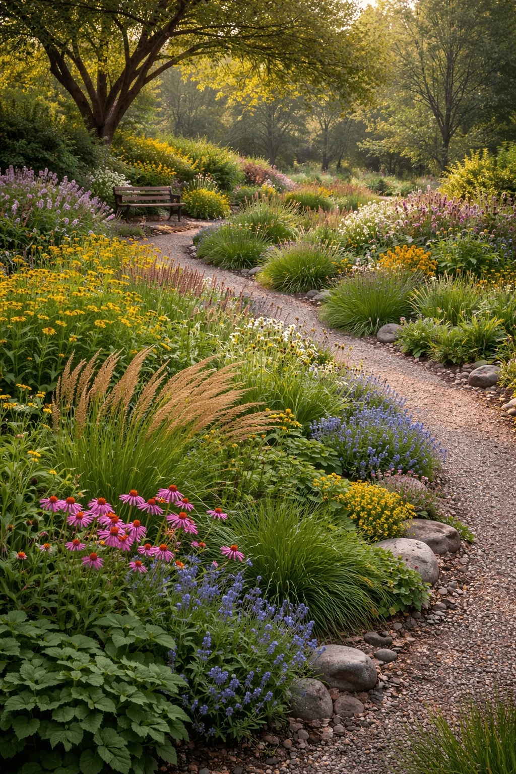 Naturalistic garden landscape with a winding gravel path flowing through layers of native perennials, ornamental grasses, and colorful wildflowers, featuring a wooden bench beneath mature trees in a serene, meadow-inspired setting