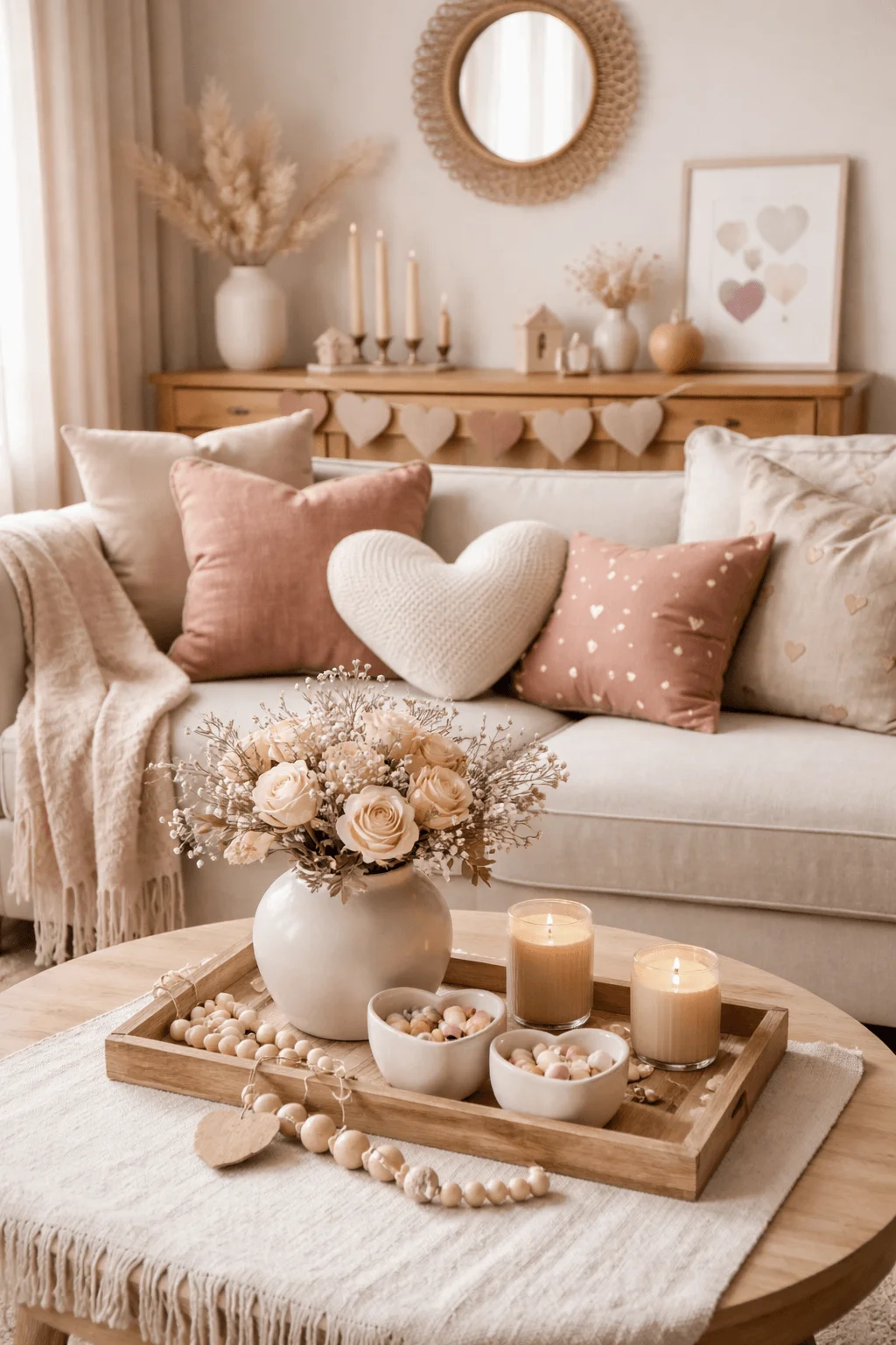 Neutral Valentine living room decor with blush and beige pillows heart garland soft candles and a floral centerpiece on a cozy coffee table
