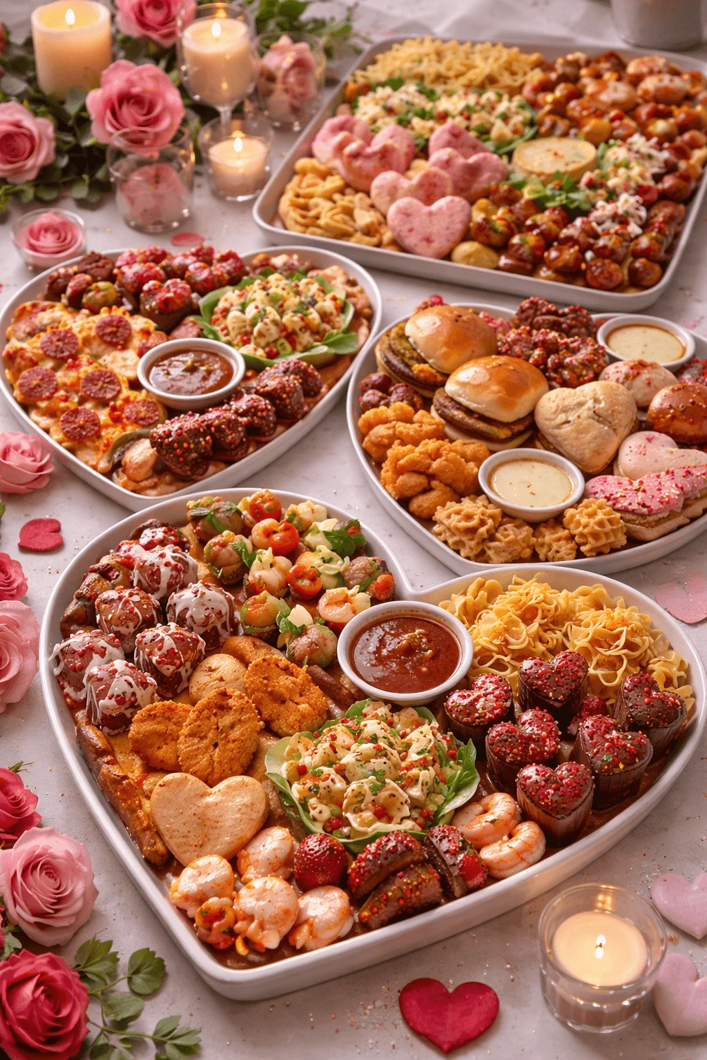 Valentine themed lunch spread with heart shaped appetizers sliders shrimp pasta desserts pink roses and candles on a festive table