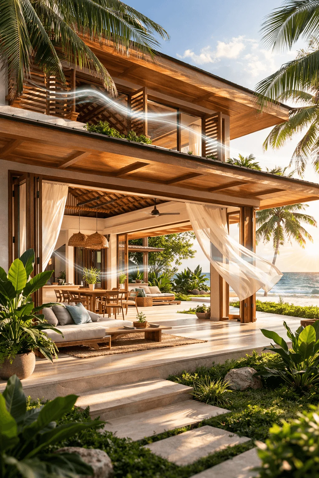 Tropical beach house designed for passive cooling, featuring wide overhangs, open sliding glass walls, wooden louvers, and sheer curtains flowing with natural cross ventilation. The open-air living space seamlessly connects to the outdoors, with palm trees and ocean views enhancing airflow and shaded comfort in a warm coastal climate.