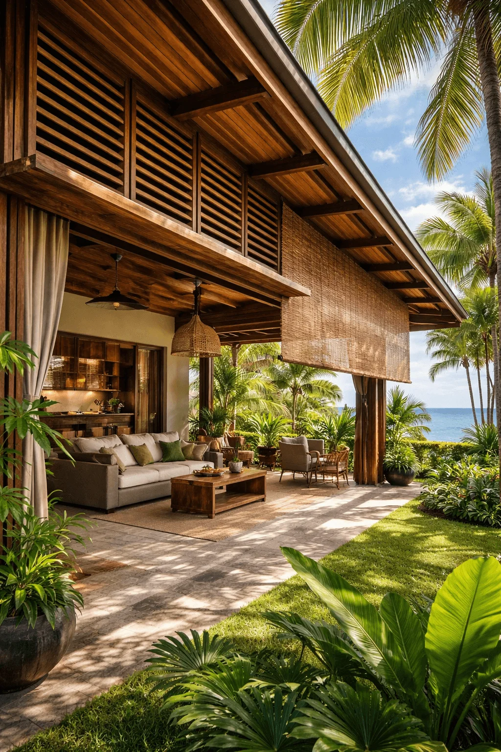 Tropical beach house patio with wooden louvers and retractable woven shades providing passive solar shading, surrounded by lush landscaping and ocean views.