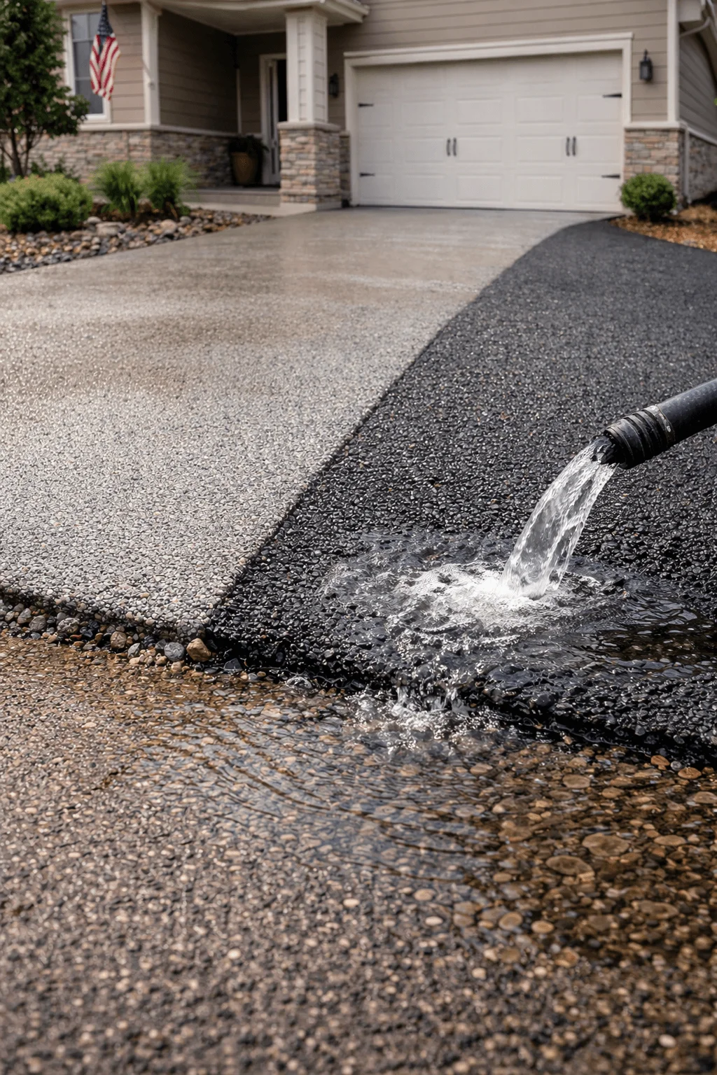 Close up of permeable concrete and porous asphalt driveway with water being poured to demonstrate drainage in front of a suburban home garage
