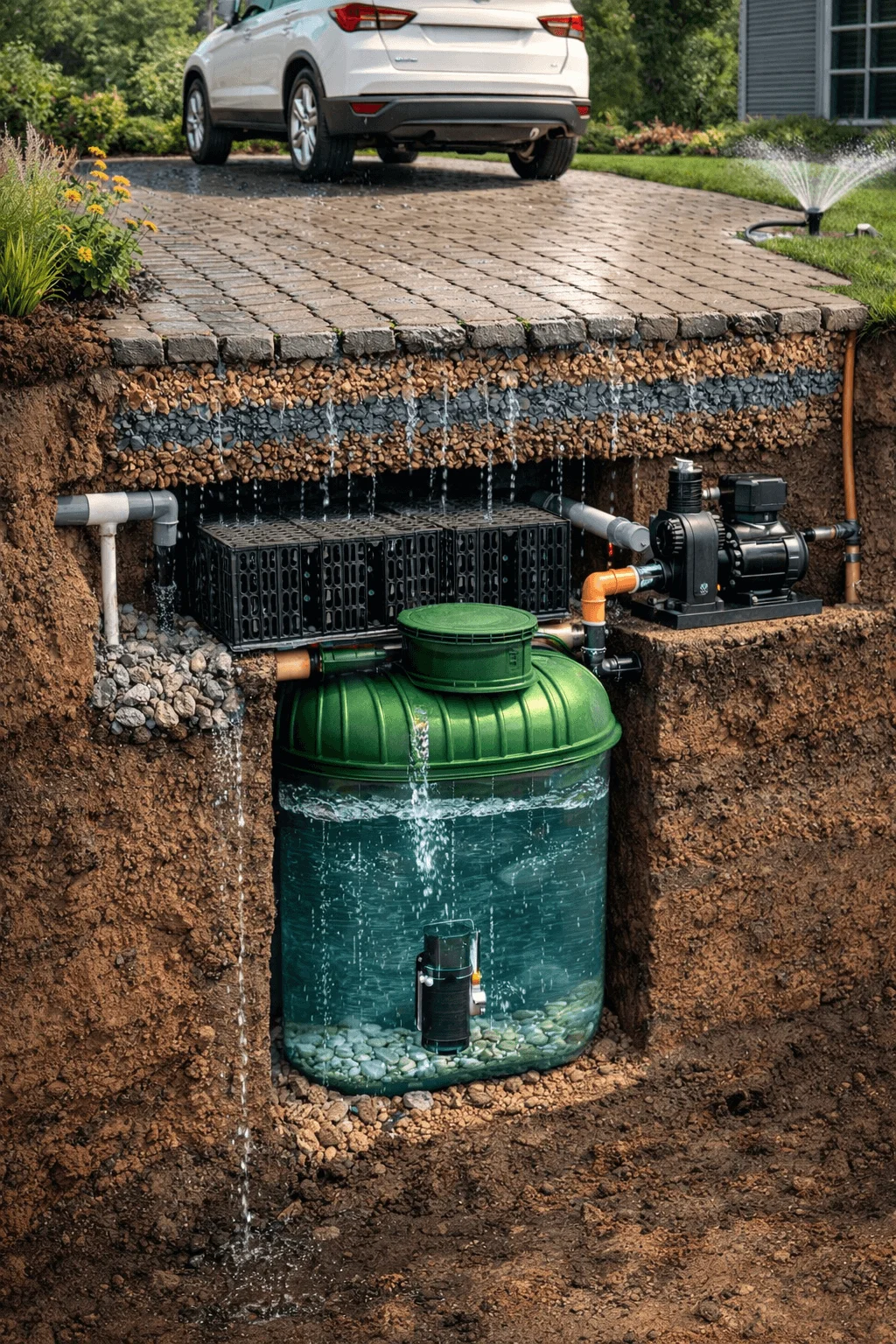 Cutaway view of a permeable paver driveway system with layered gravel base, underground rainwater harvesting tank, filtration crates, and pump system collecting and storing runoff beneath a parked car in a residential setting