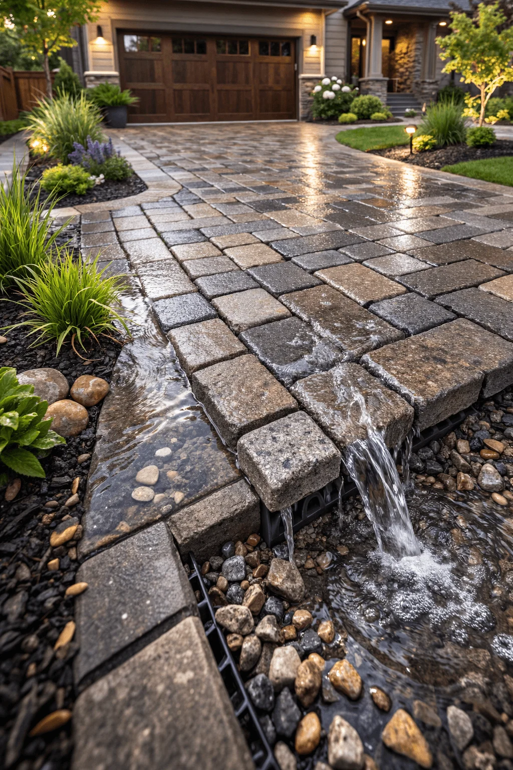 Permeable paver driveway with rainwater flowing through stone joints into a gravel drainage system in front of a suburban home with landscaped garden and wooden garage door