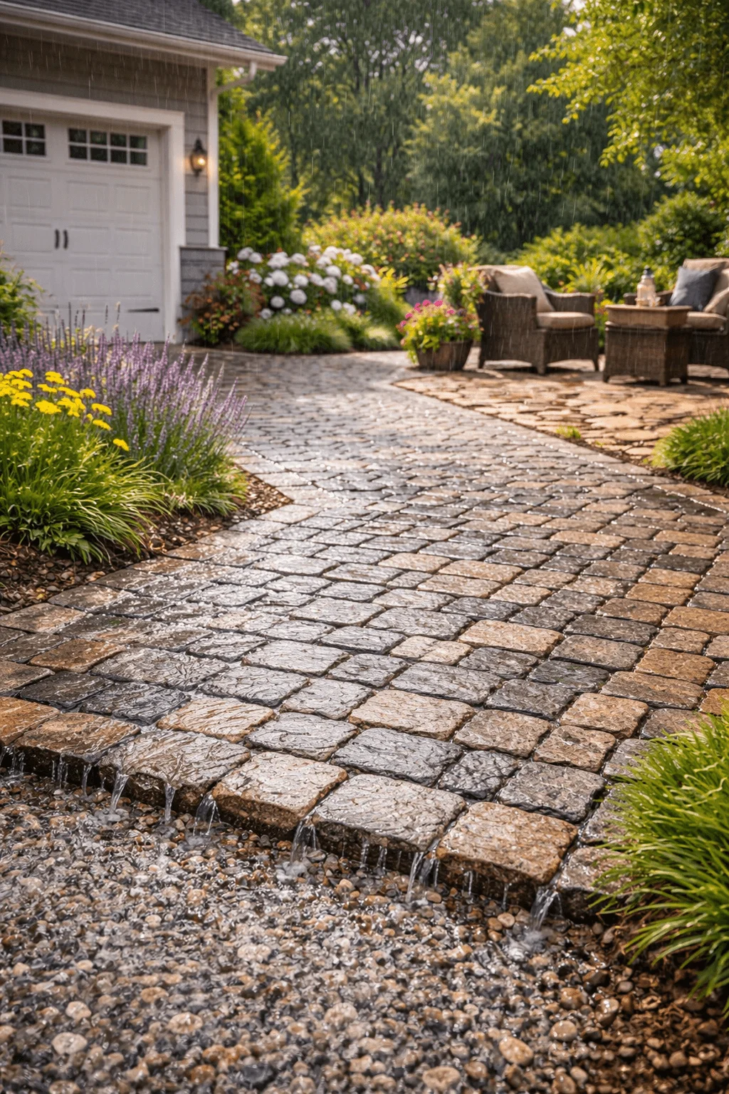 Permeable stone driveway with rainwater draining between pavers into gravel below bordered by flowering plants and leading to a patio seating area beside a house during rainfall