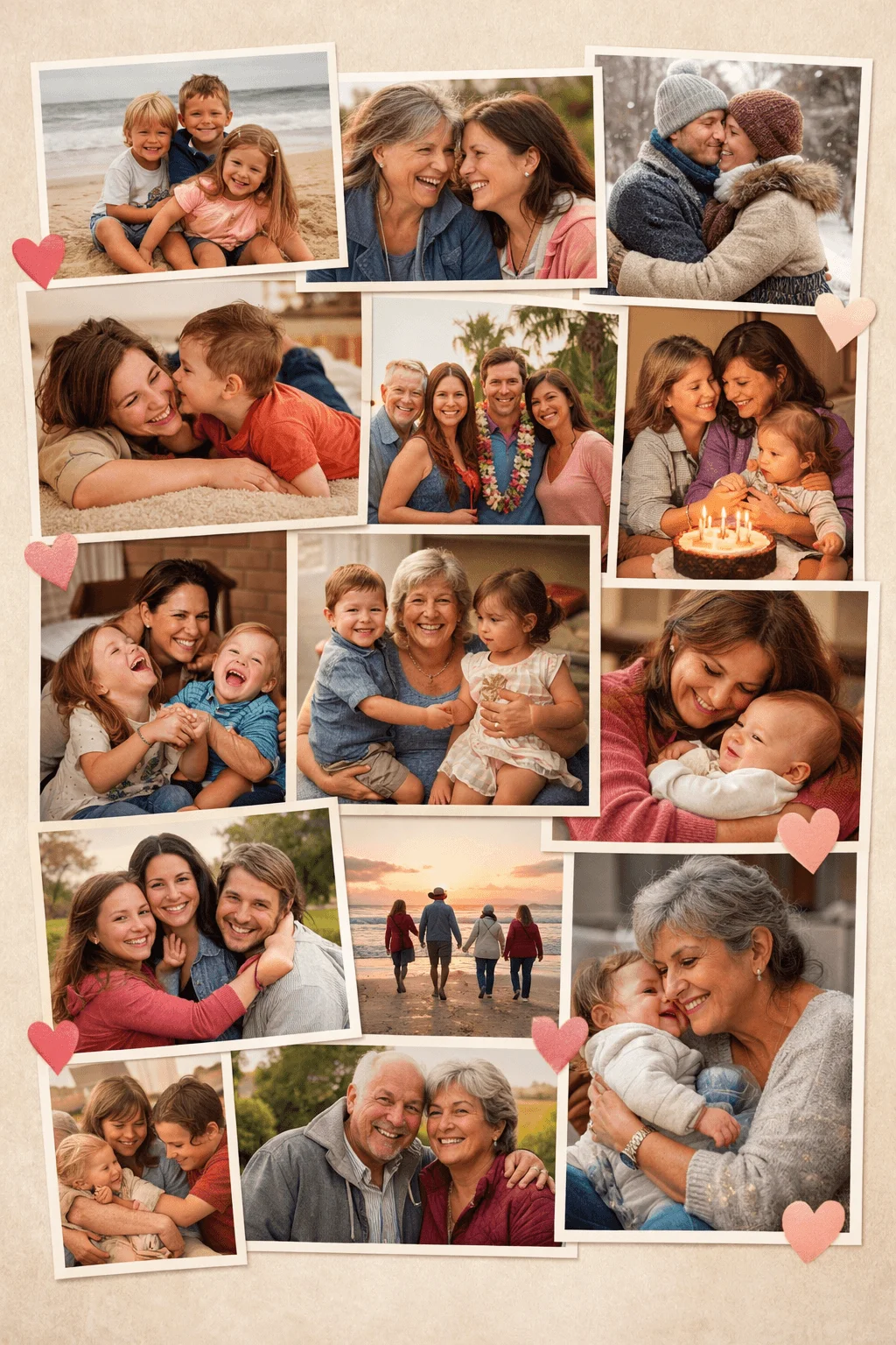 Personalized photo collage Valentine card for mum showing family moments with children parents grandparents hugs laughter birthday cake beach walks and loving embraces surrounded by small hearts
