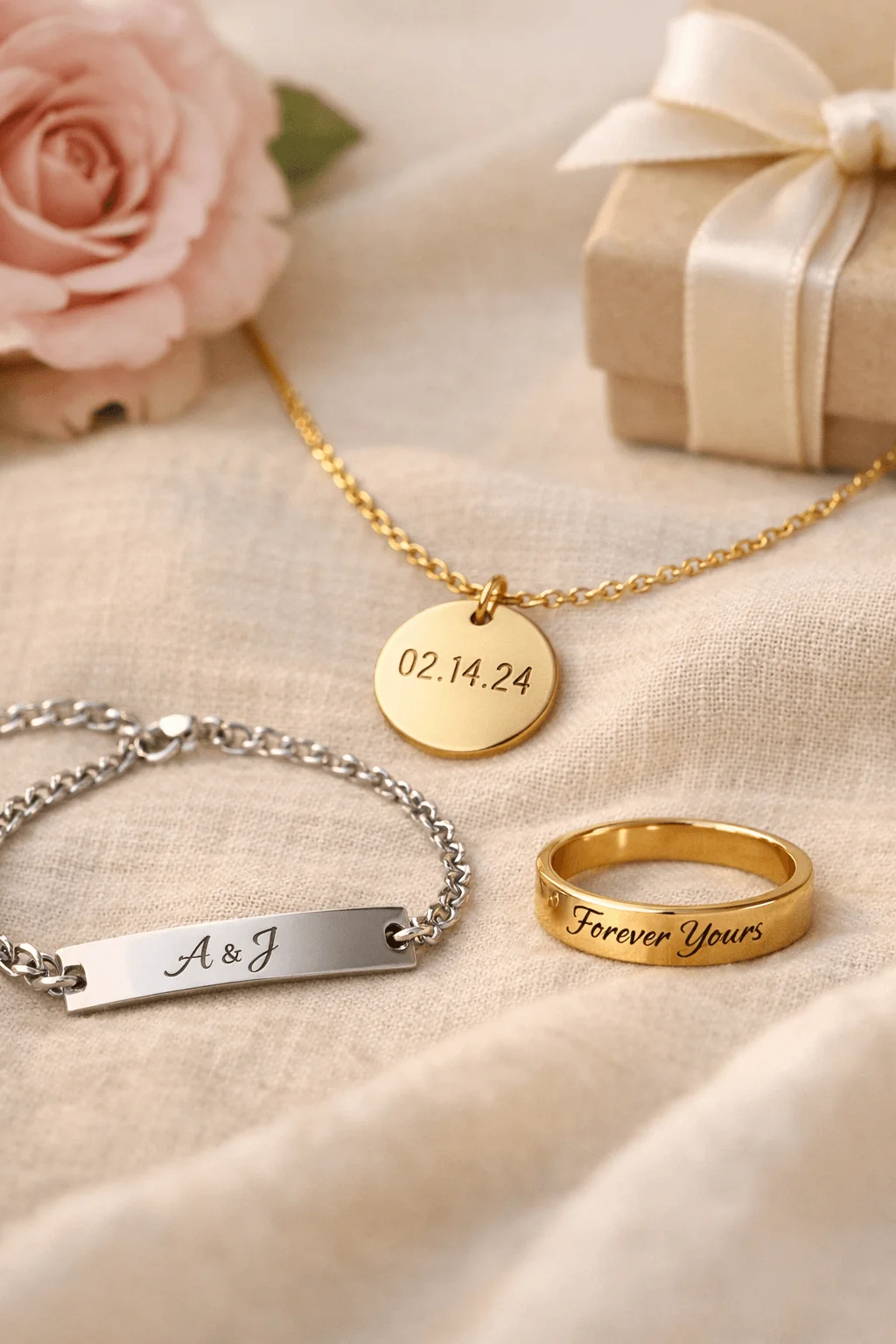 Close up of personalized engraved jewelry including a gold date necklace, silver initial bracelet, and gold ring with Forever Yours text on a soft fabric background with a rose and gift box