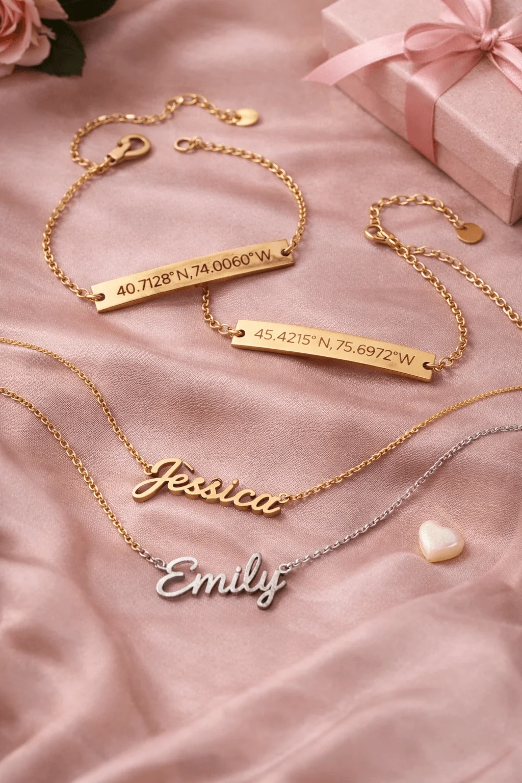 Close up of personalized gold and silver jewelry including name necklaces and coordinate bar bracelets arranged on soft pink fabric with a gift box and heart accent