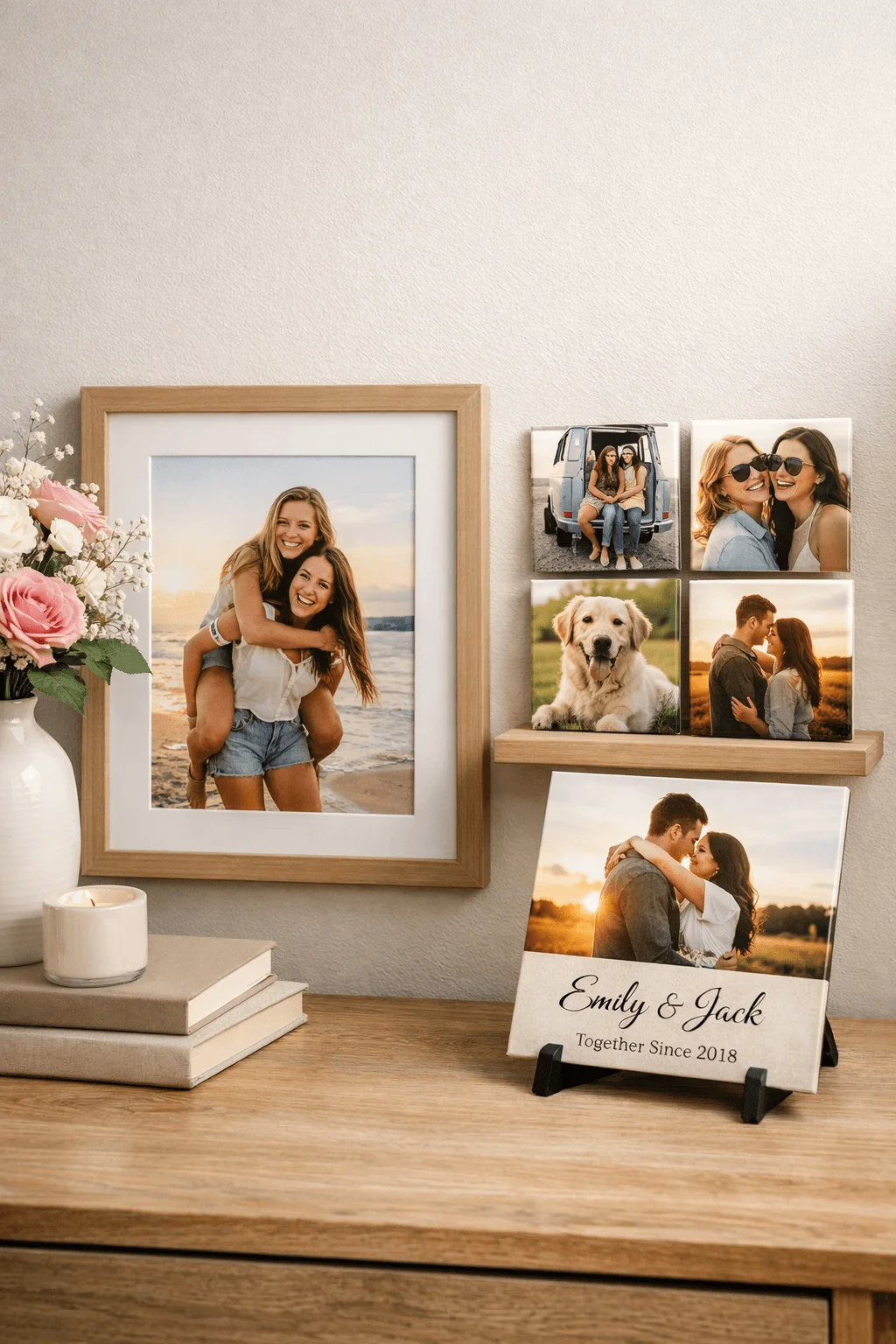 Personalized photo keepsakes display with framed couple photos, photo tiles, a custom plaque with names and anniversary, flowers, books, and a candle on a wooden shelf