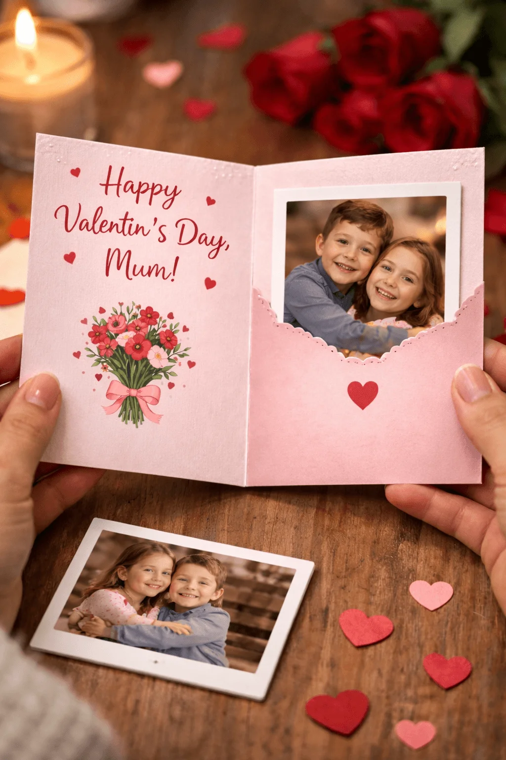 Photo pocket Valentine card for mum with a bouquet illustration a heart cutout window showing a children’s photo and scattered paper hearts on a wooden table