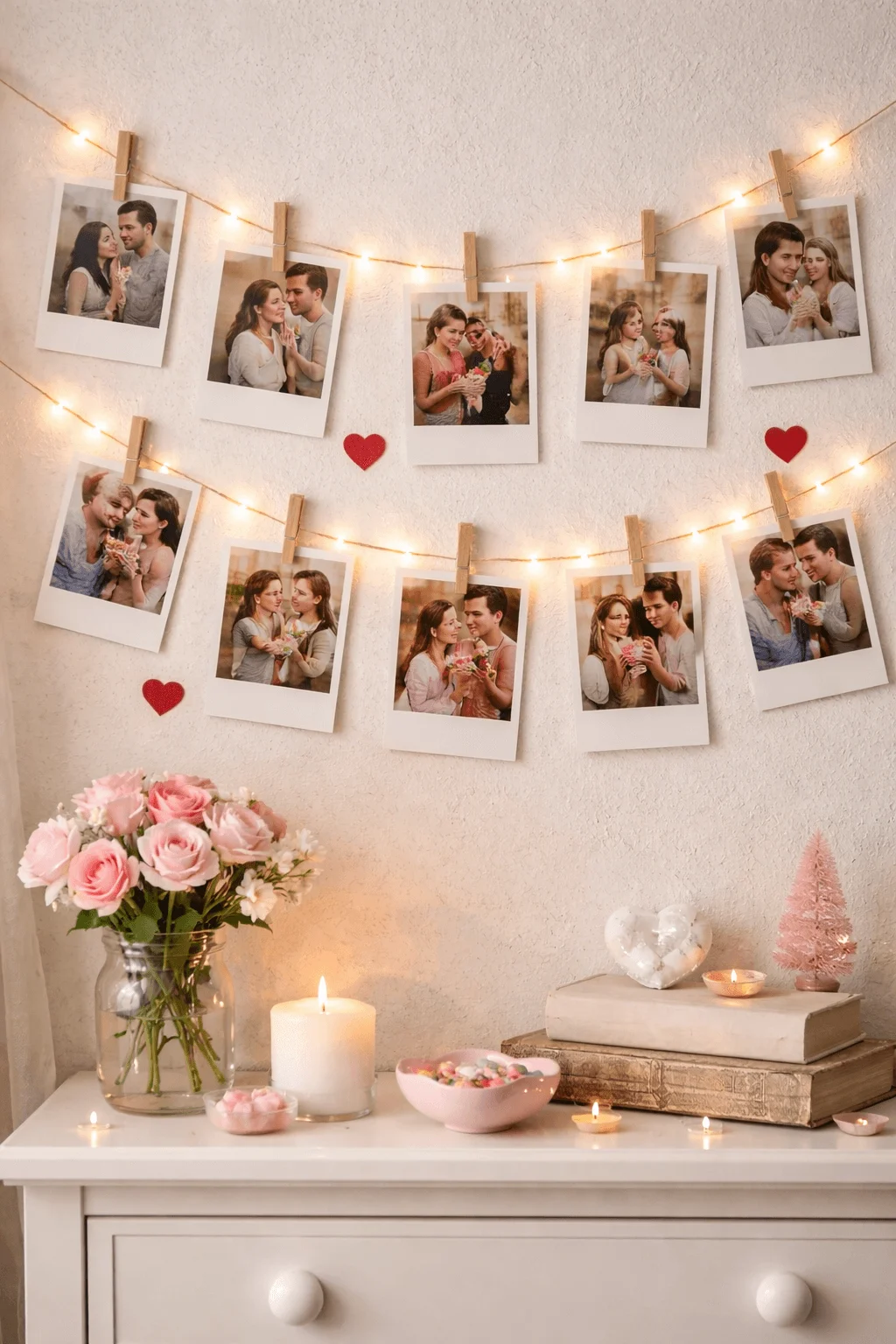 Photo string memory display with polaroid style couple pictures clipped to fairy lights above a romantic dresser setup
