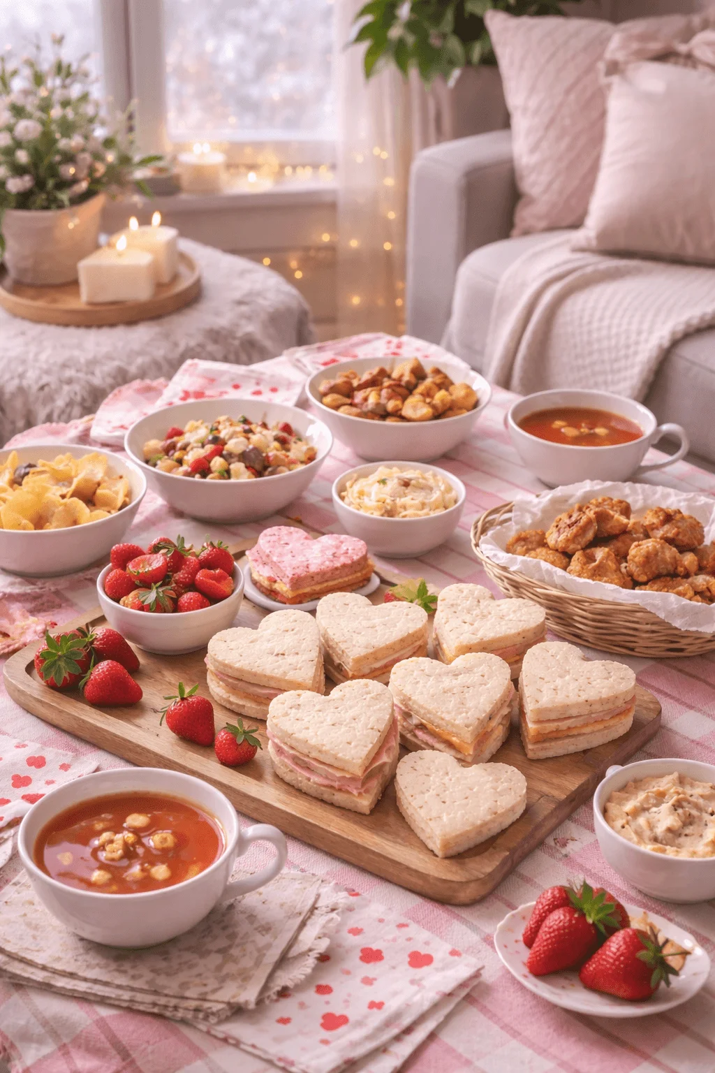 Indoor picnic lunch with heart shaped sandwiches soup strawberries snacks and cozy candlelit living room setting