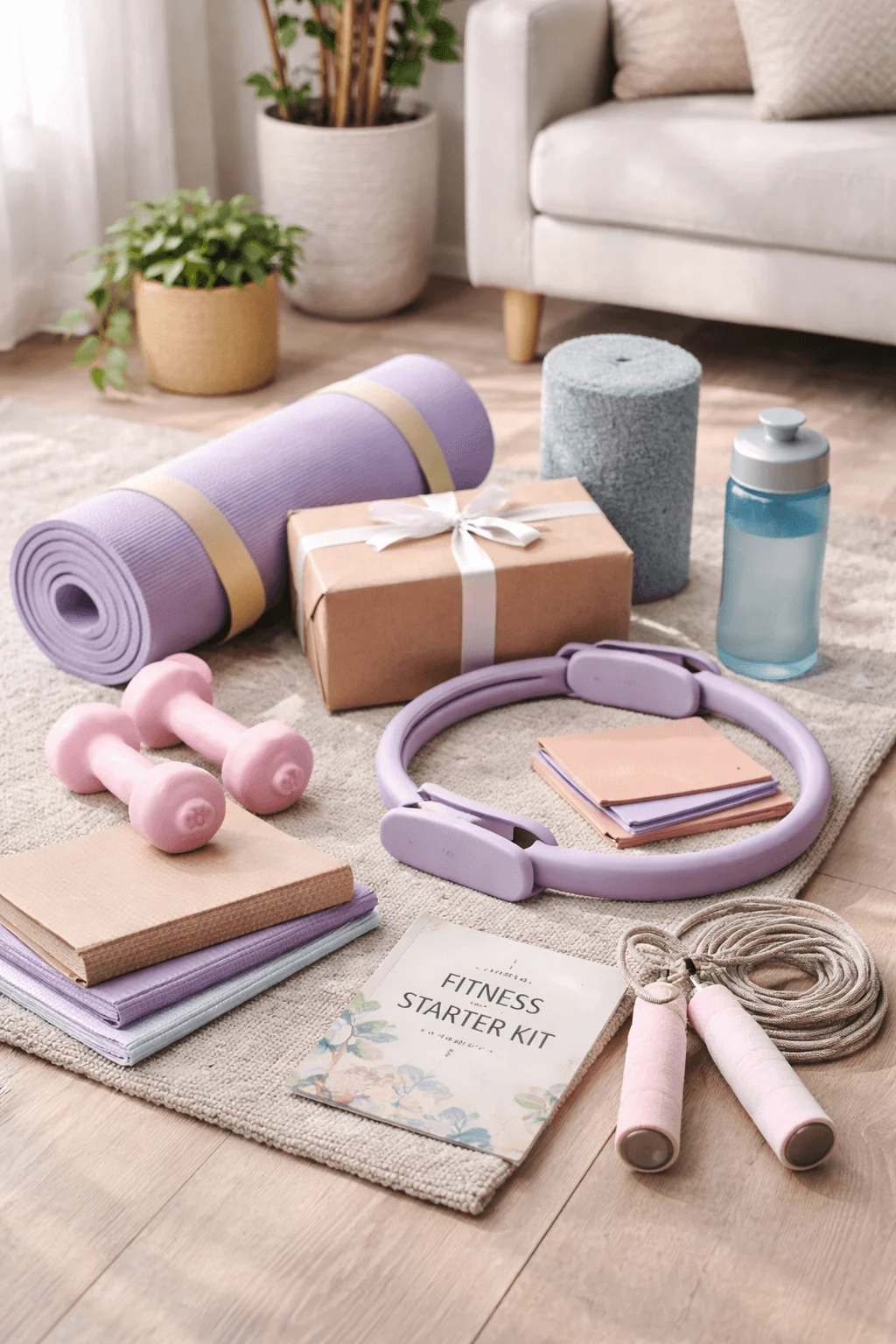 Pilates and fitness starter kit flat lay with yoga mat, dumbbells, resistance ring, jump rope, foam roller, water bottle, exercise bands, and a fitness guide on a cozy living room floor
