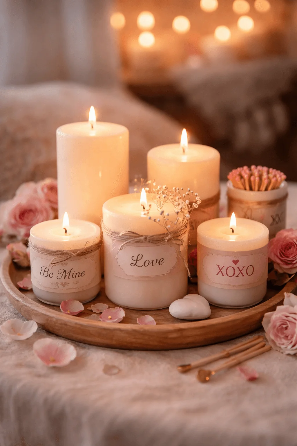 Romantic candle display with labeled jars reading be mine love and xoxo arranged on a wooden tray with rose petals and soft lighting