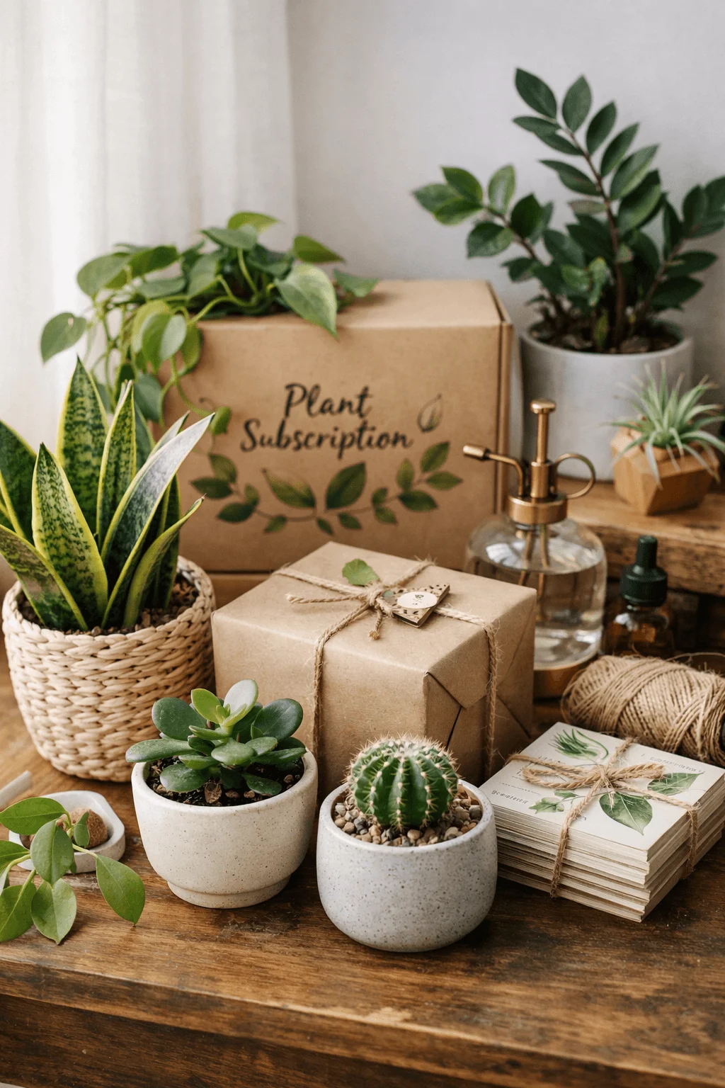 Plant based and botanical gift setup with potted succulents, a cactus, leafy houseplants, a plant subscription box, wrapped gift, plant care cards, twine, and a glass spray bottle on a wooden table near a window