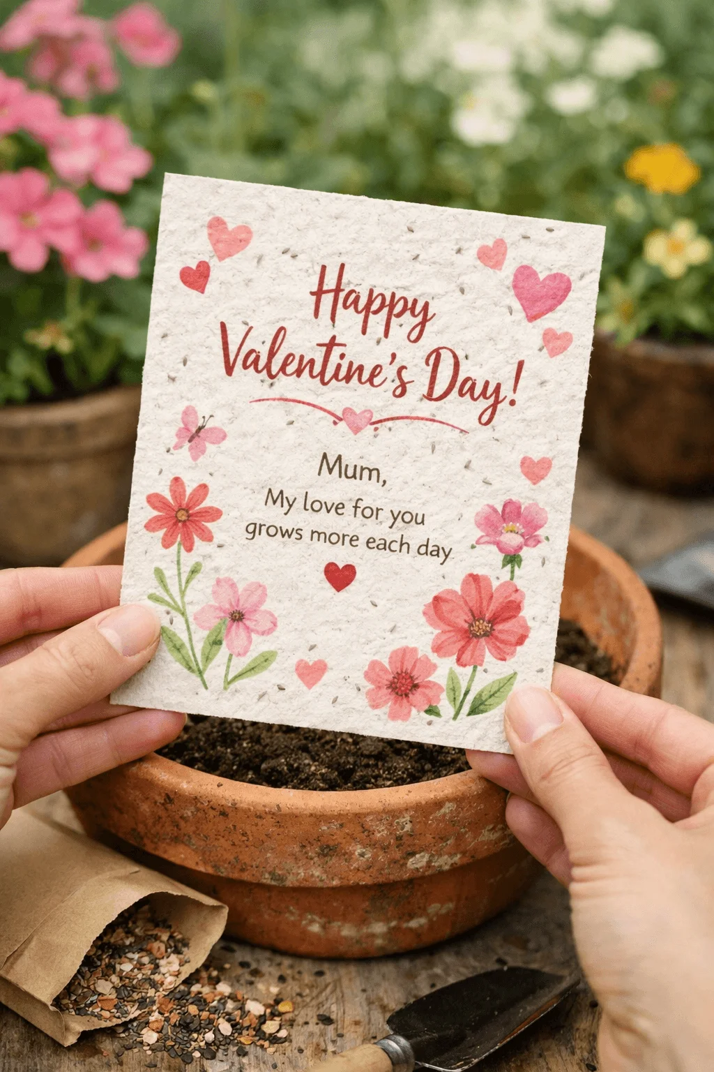 Plantable seed paper Valentine card for mum held over a flower pot with floral illustrations hearts and a loving message in a garden setting