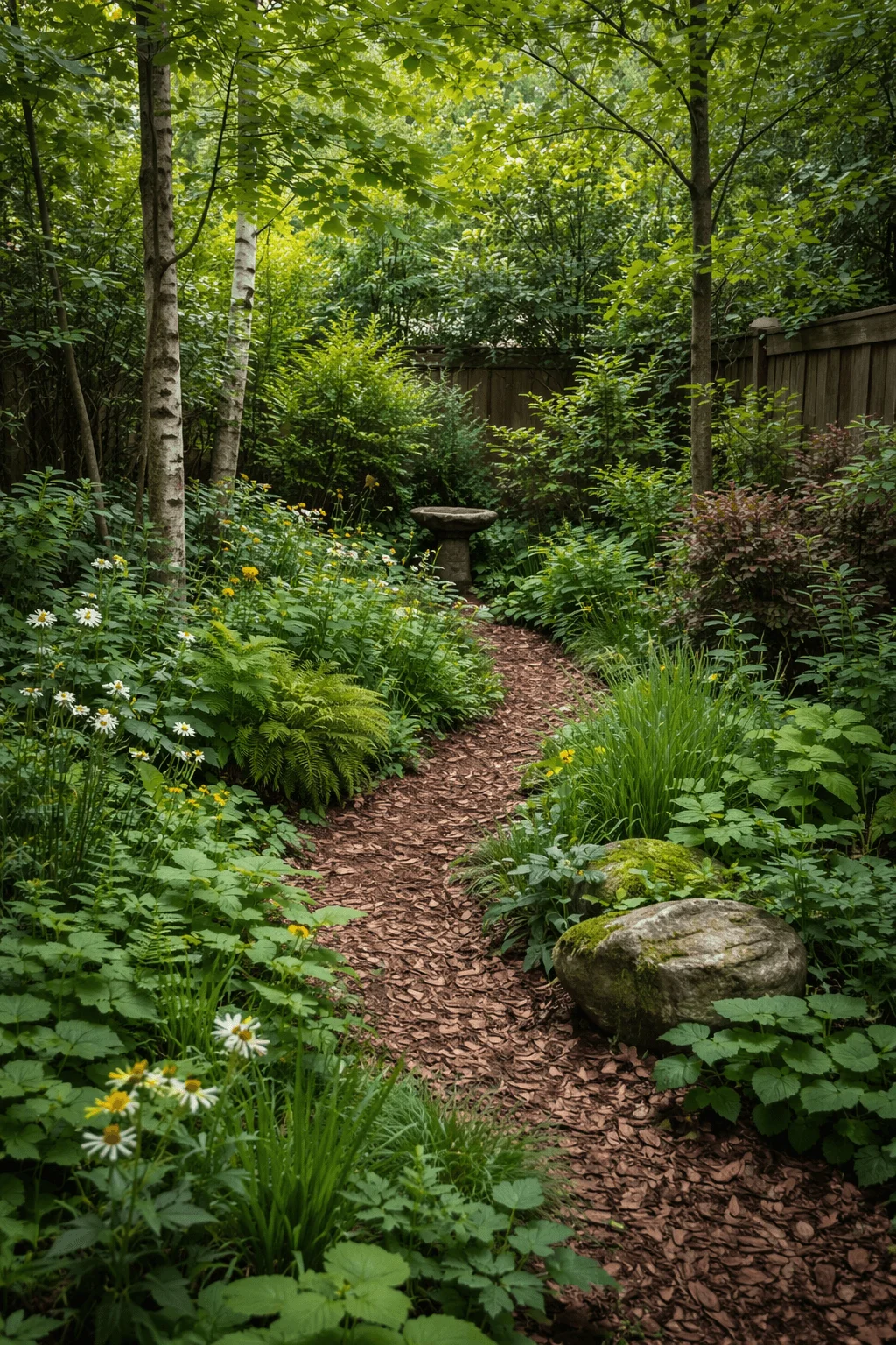 Lush backyard pocket forest with a winding mulch path surrounded by dense native shrubs ferns wildflowers and young trees with a birdbath and wooden fence in the background