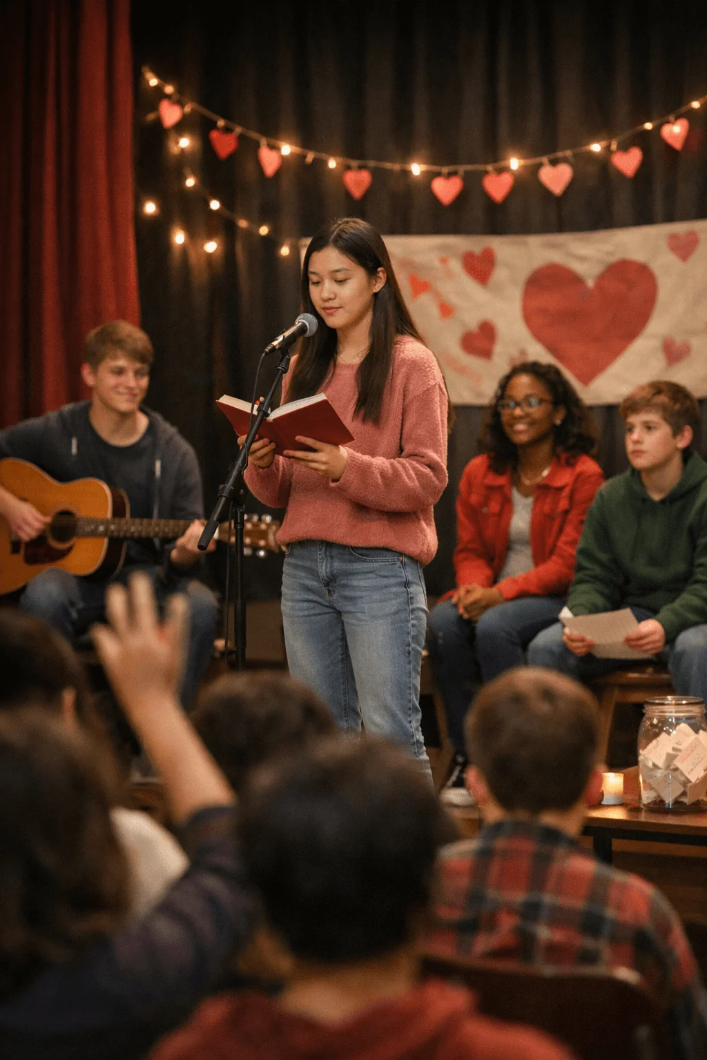 Student reading poetry at a Valentine themed open mic event with classmates listening and heart decorations in the background