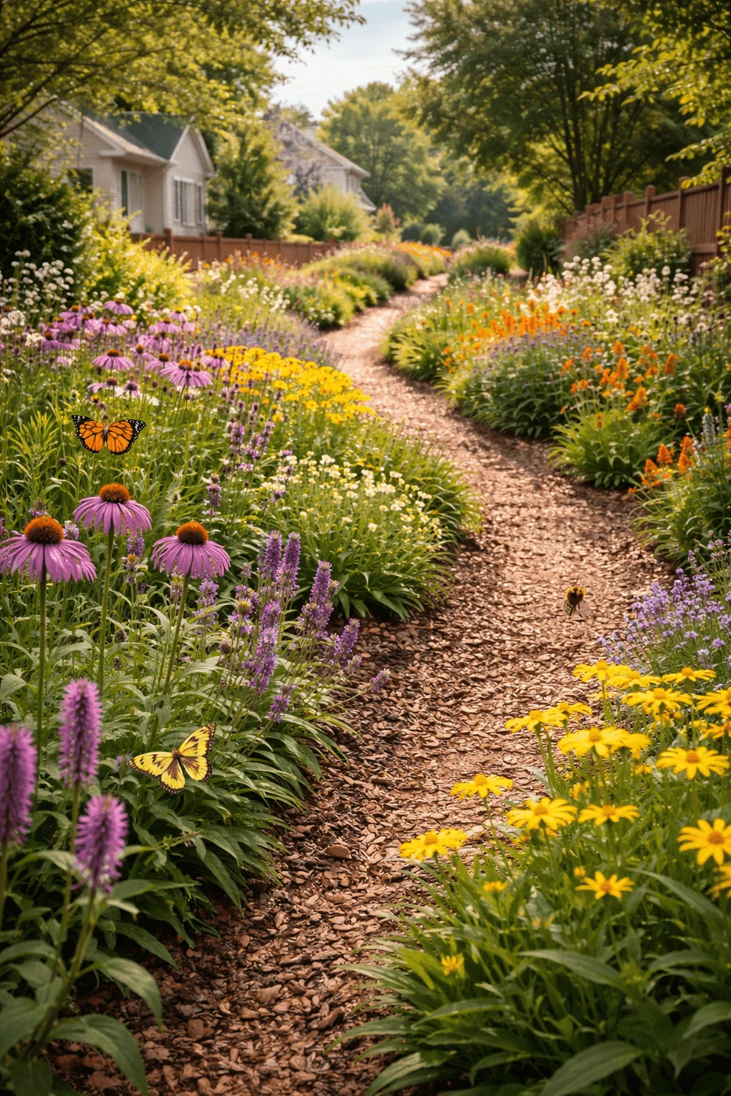 Pollinator-friendly neighborhood garden pathway forming a green corridor between homes, lined with native wildflowers including purple coneflowers, black-eyed Susans, lavender, and blazing star, with butterflies and bees actively visiting blooms along a winding mulch path bordered by wooden fences and mature trees