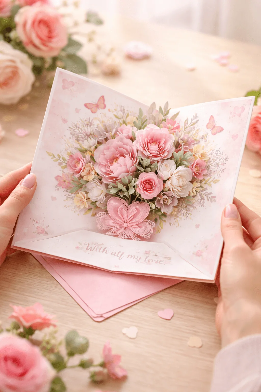 Pop up floral Valentine card with pink roses and delicate flowers held open on a table with soft petals and a with all my love message