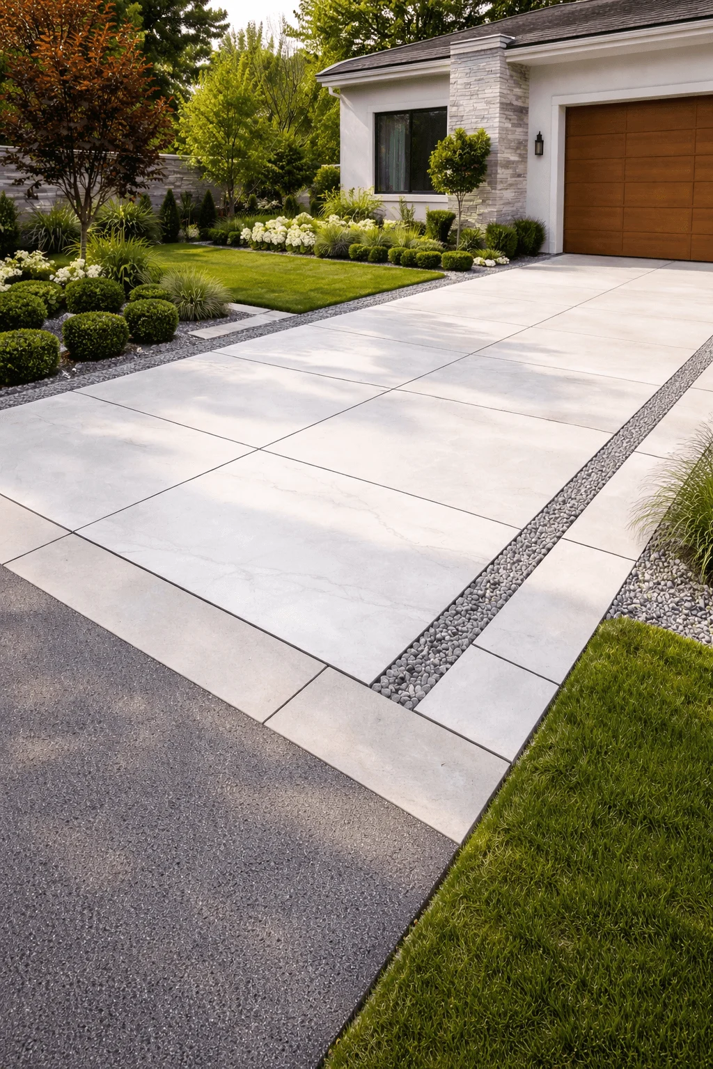 Modern porcelain slab driveway with large light grey tiles separated by decorative gravel drainage strips leading to a wooden garage door, surrounded by manicured lawn and landscaped garden with shrubs and small trees