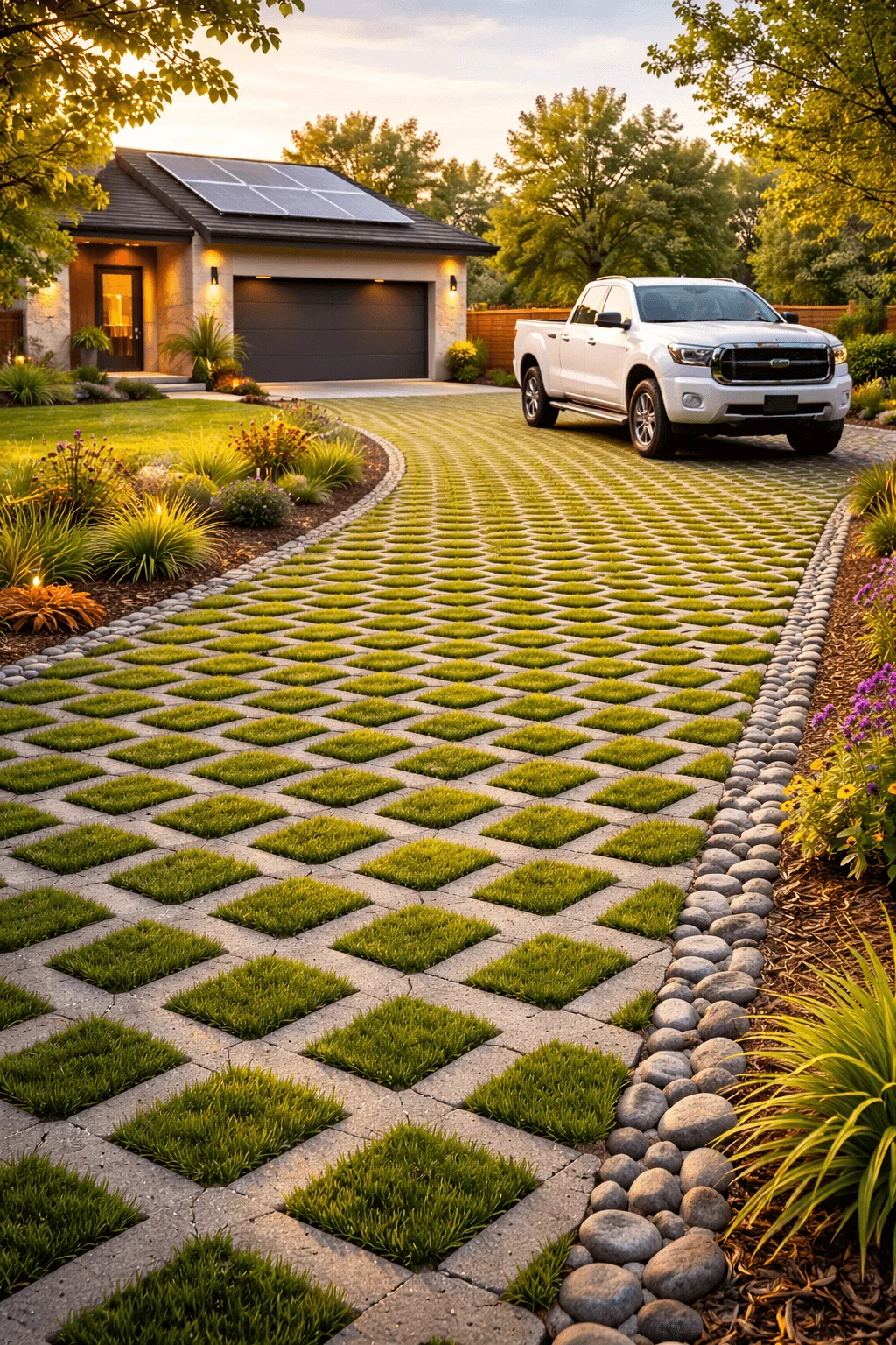 Curved residential driveway constructed with porous turfstone grid pavers filled with lush grass, designed for heavy vehicle access, leading to a modern home with rooftop solar panels and a white pickup truck parked in front, surrounded by landscaped garden beds and decorative river stone edging at sunset