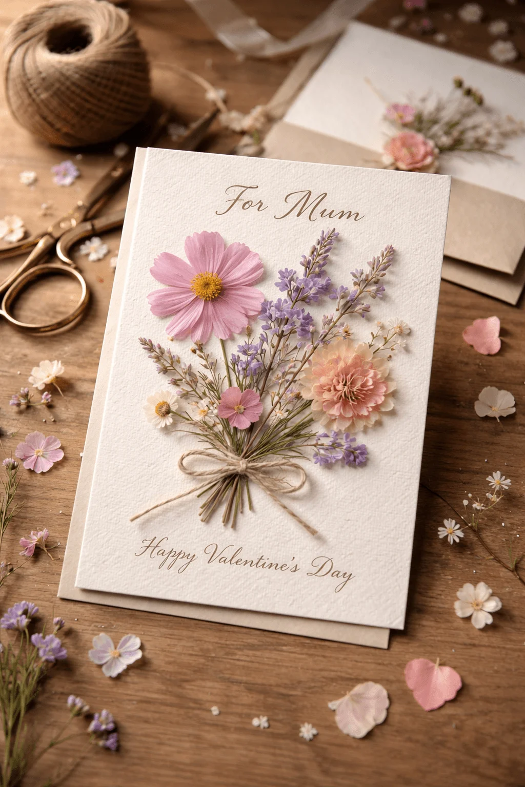 Pressed flower Valentine card for mum with pink and lavender blooms tied with twine on textured paper resting on a wooden table with scissors ribbon and scattered petals