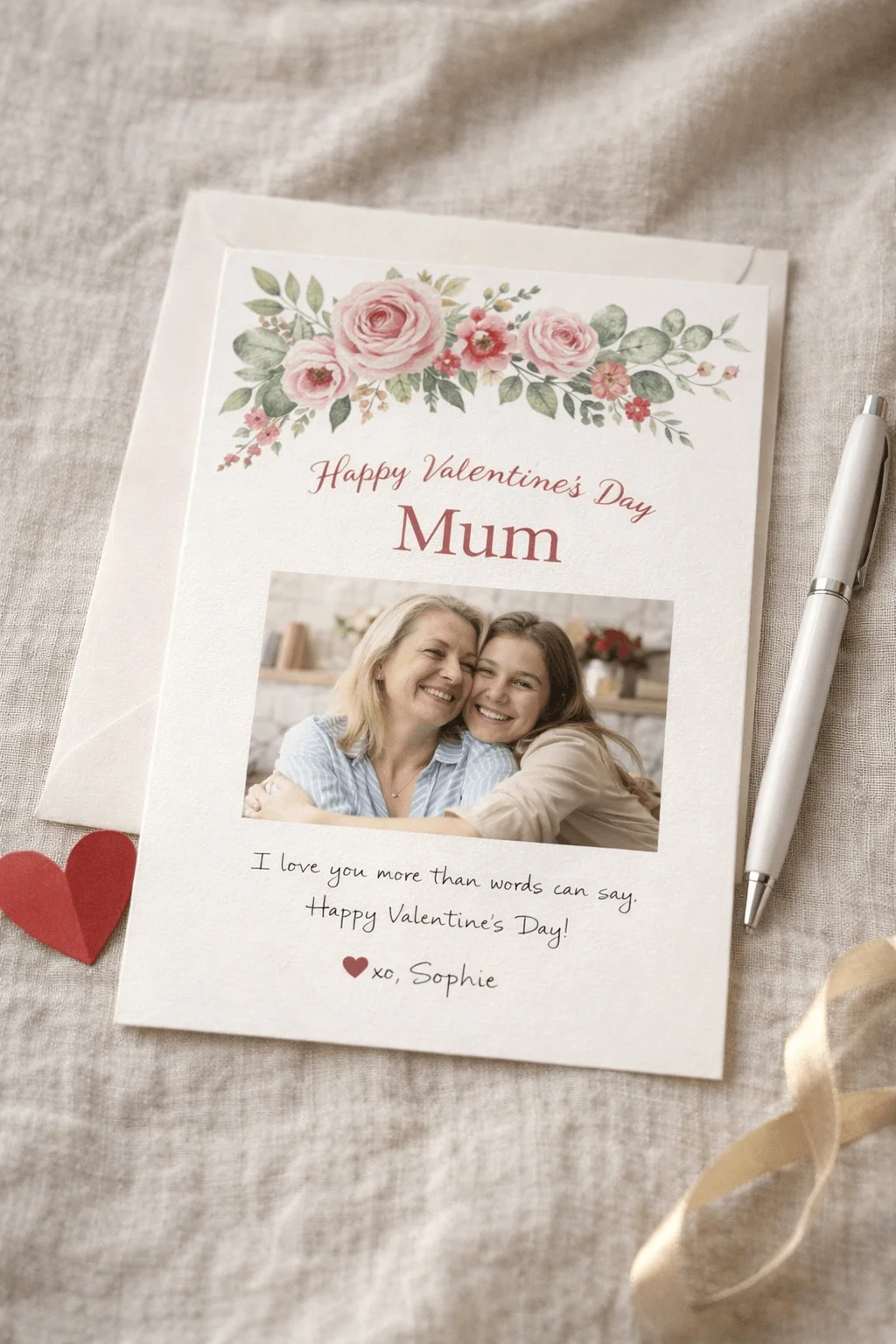 Printable Valentine card for mum with floral border photo of mother and daughter hugging heartfelt message pen envelope ribbon and heart on a soft fabric background