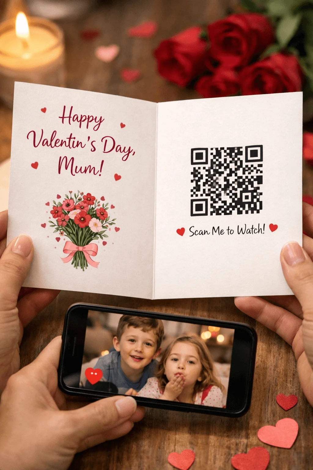 Open Valentine card for mum with floral illustration QR code scan me to watch message candle and red roses in background and phone showing kids blowing kisses