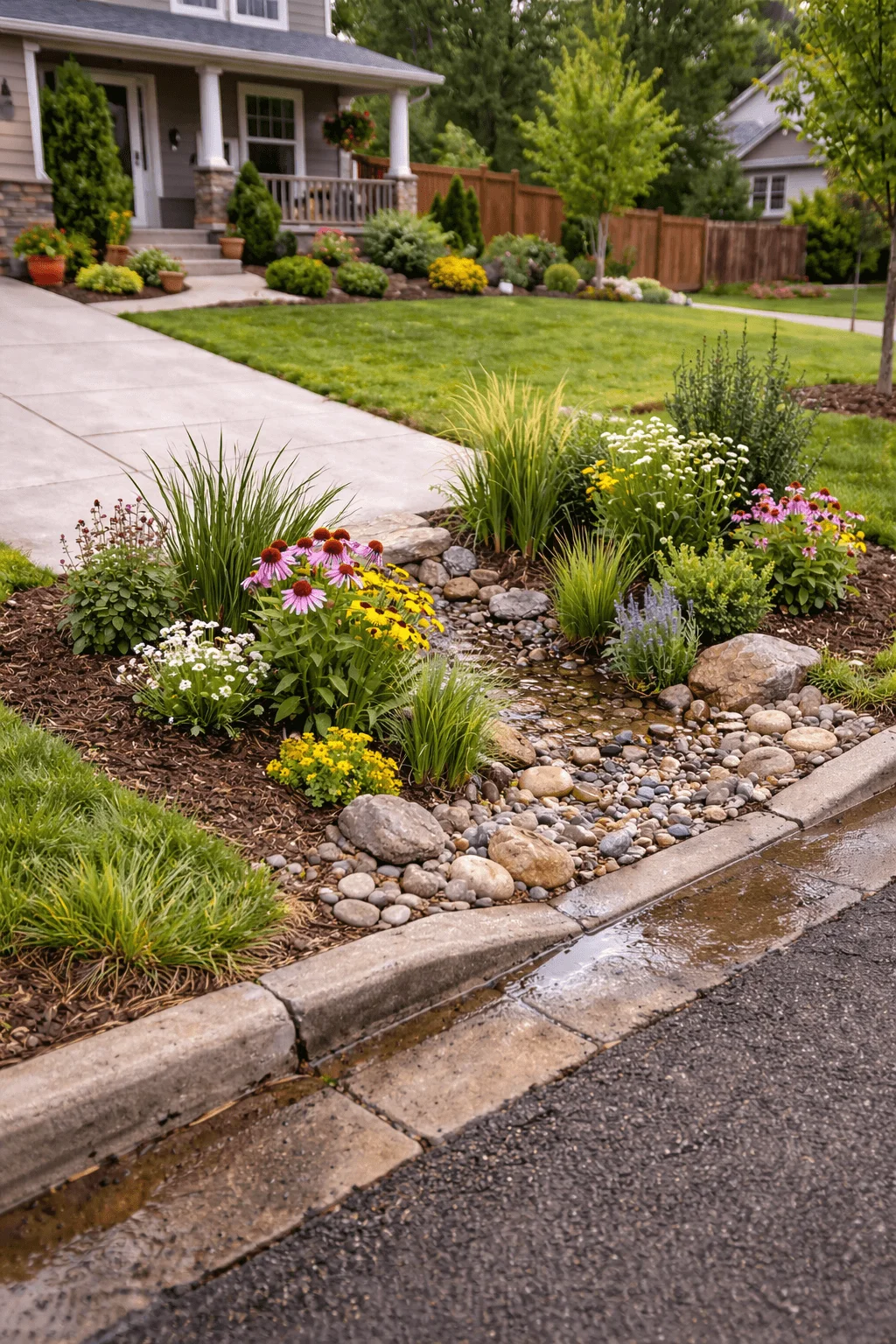 Rain garden at end of residential driveway with native flowers grasses and rocks designed to capture runoff beside curb and suburban home