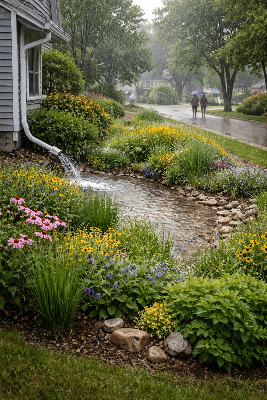 Rain garden beside a house collecting runoff from a downspout into a shallow stream lined with stones and filled with colorful native flowers during a steady rainfall with people walking under umbrellas in the background