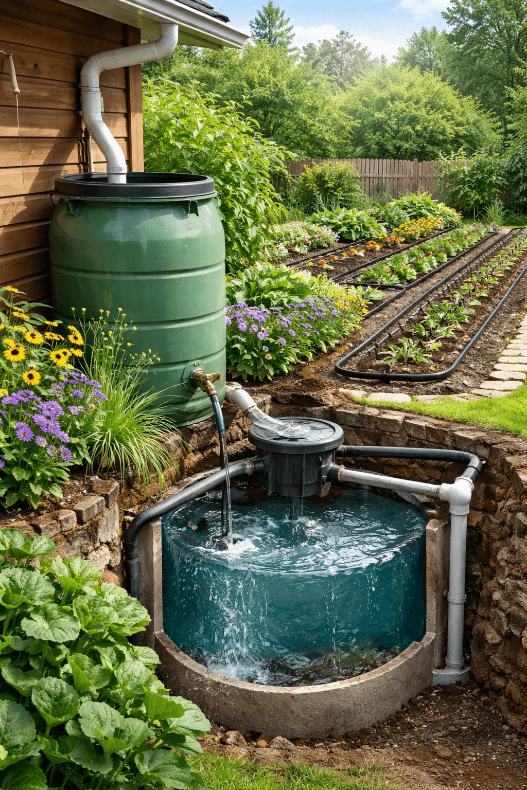 Rainwater harvesting system with a large green barrel connected to a house gutter and piping that feeds into an underground storage tank supplying drip irrigation lines in a vegetable garden surrounded by flowers and greenery