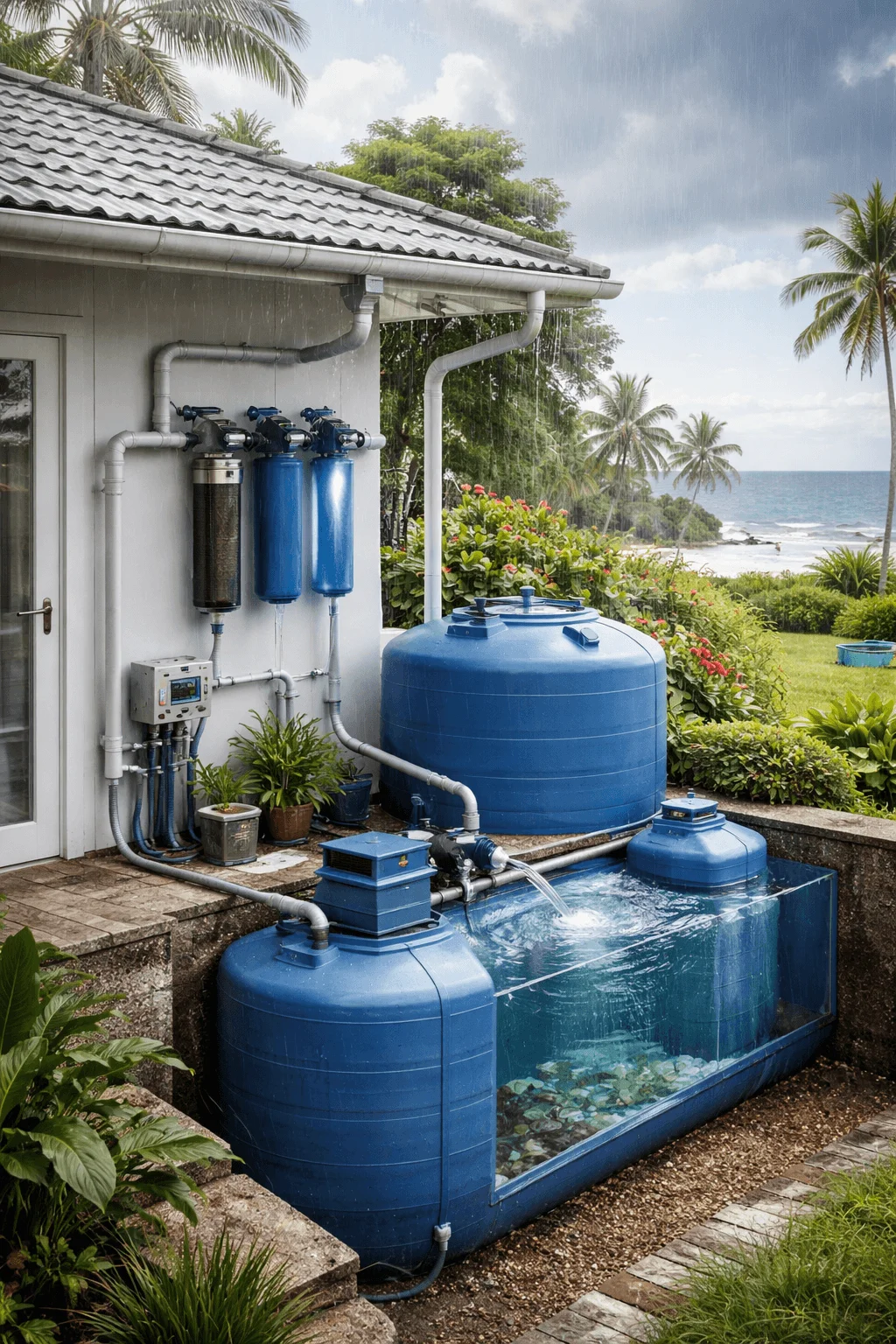 Rainwater harvesting system beside a tropical coastal home, featuring roof gutters feeding into wall-mounted filtration units and large blue storage tanks, with visible water circulation and ocean scenery in the background.