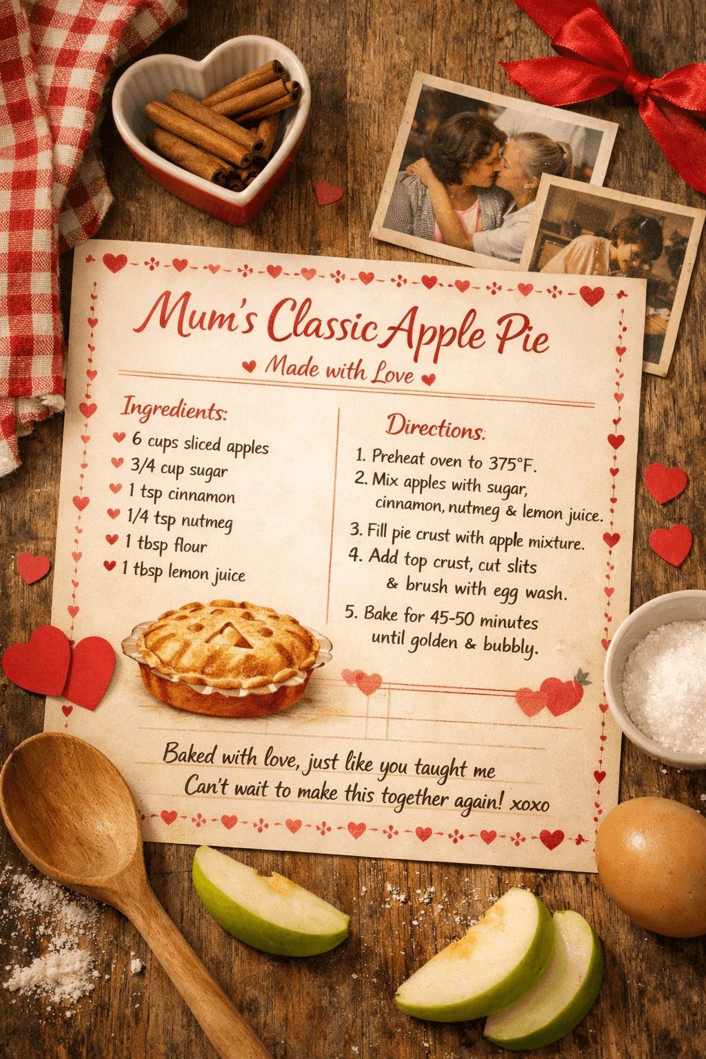 Recipe based Valentine card for mum showing mum’s classic apple pie with ingredients directions apples cinnamon eggs sugar wooden spoon hearts and family photos on a rustic table
