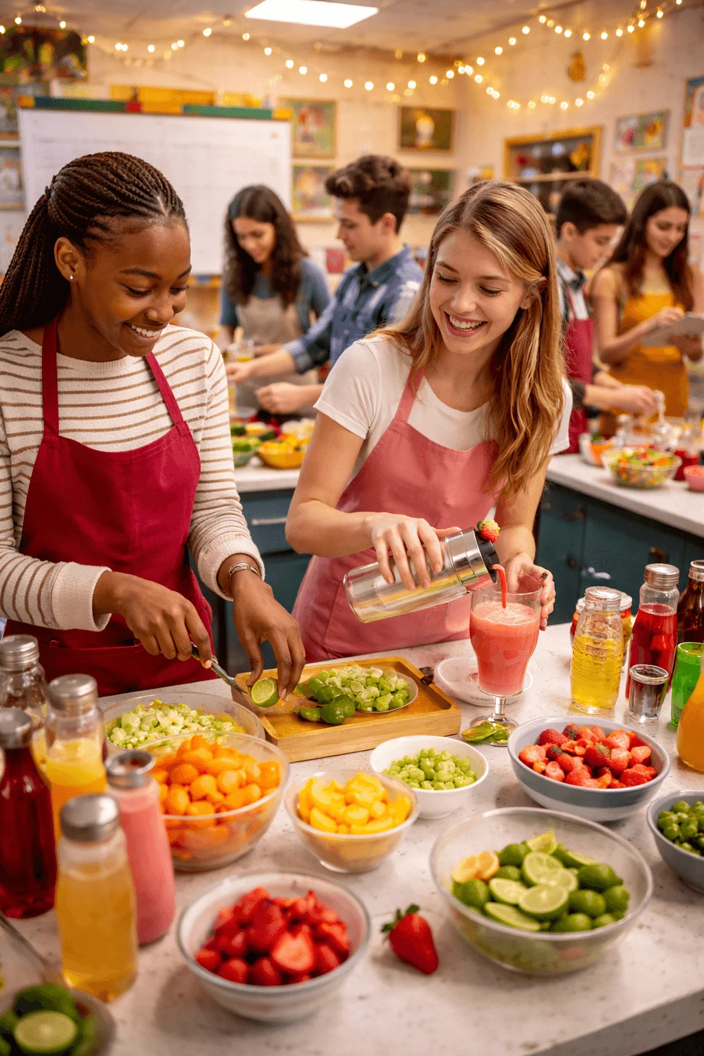 Students preparing colorful mocktails and fruit recipes together in a classroom kitchen with fresh ingredients and festive string lights